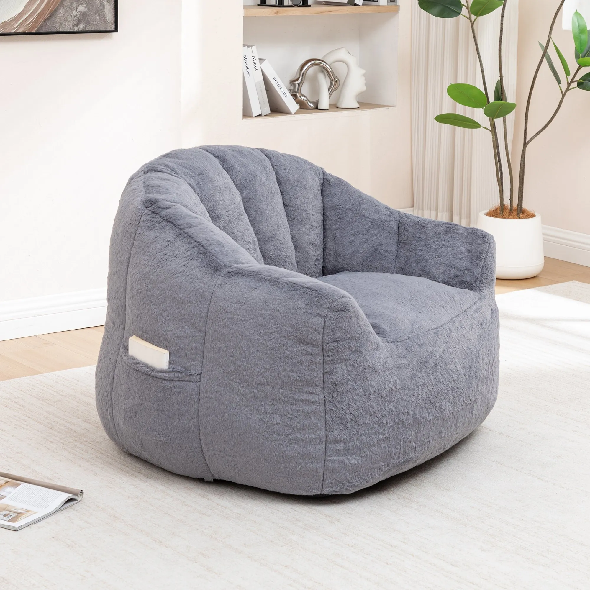 Faux Fur Bean Bag Sofa Chair with Armrests, High-Density Fill