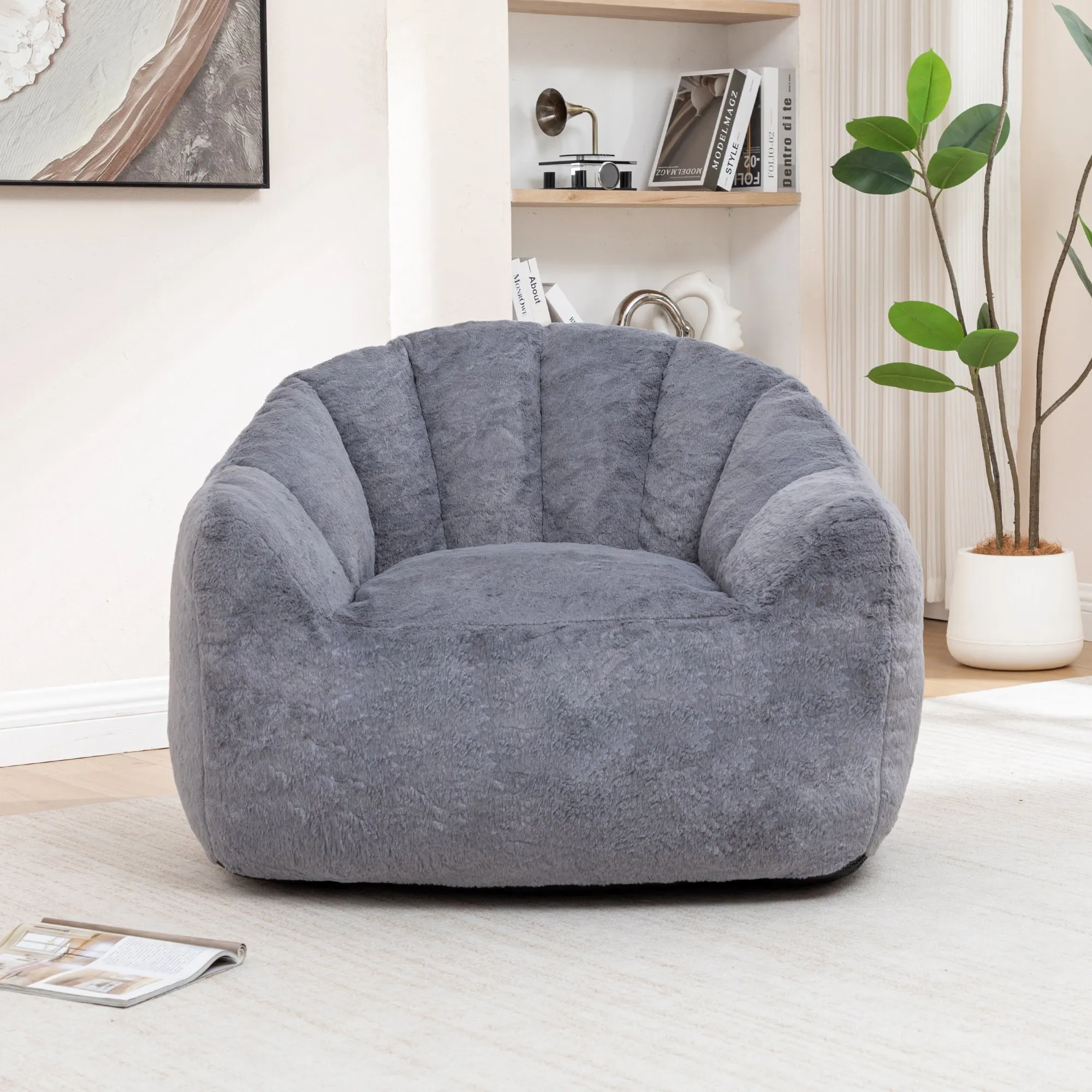 Faux Fur Bean Bag Sofa Chair with Armrests, High-Density Fill