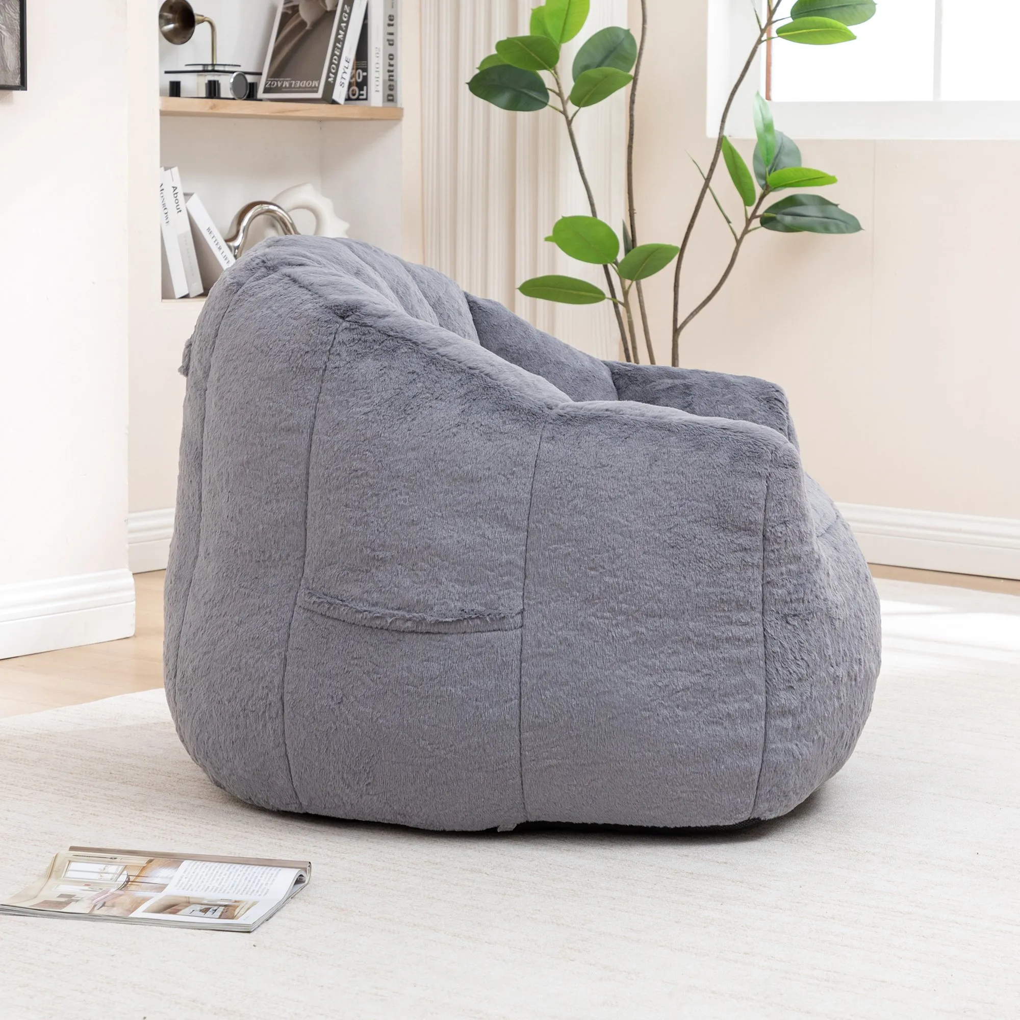 Faux Fur Bean Bag Sofa Chair with Armrests, High-Density Fill