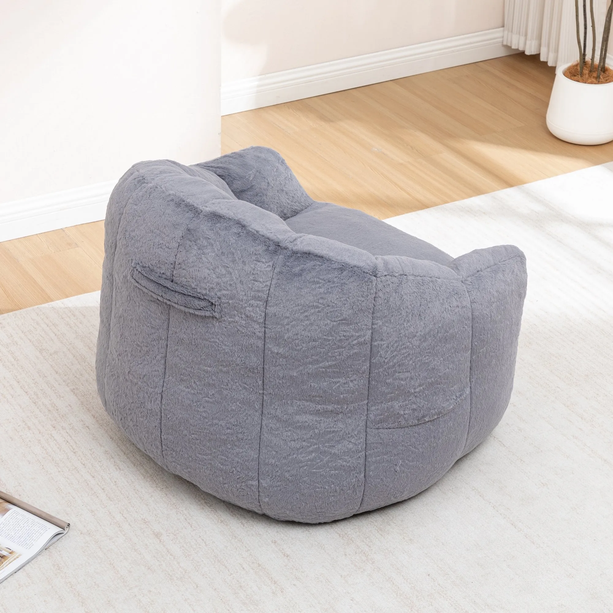 Faux Fur Bean Bag Sofa Chair with Armrests, High-Density Fill