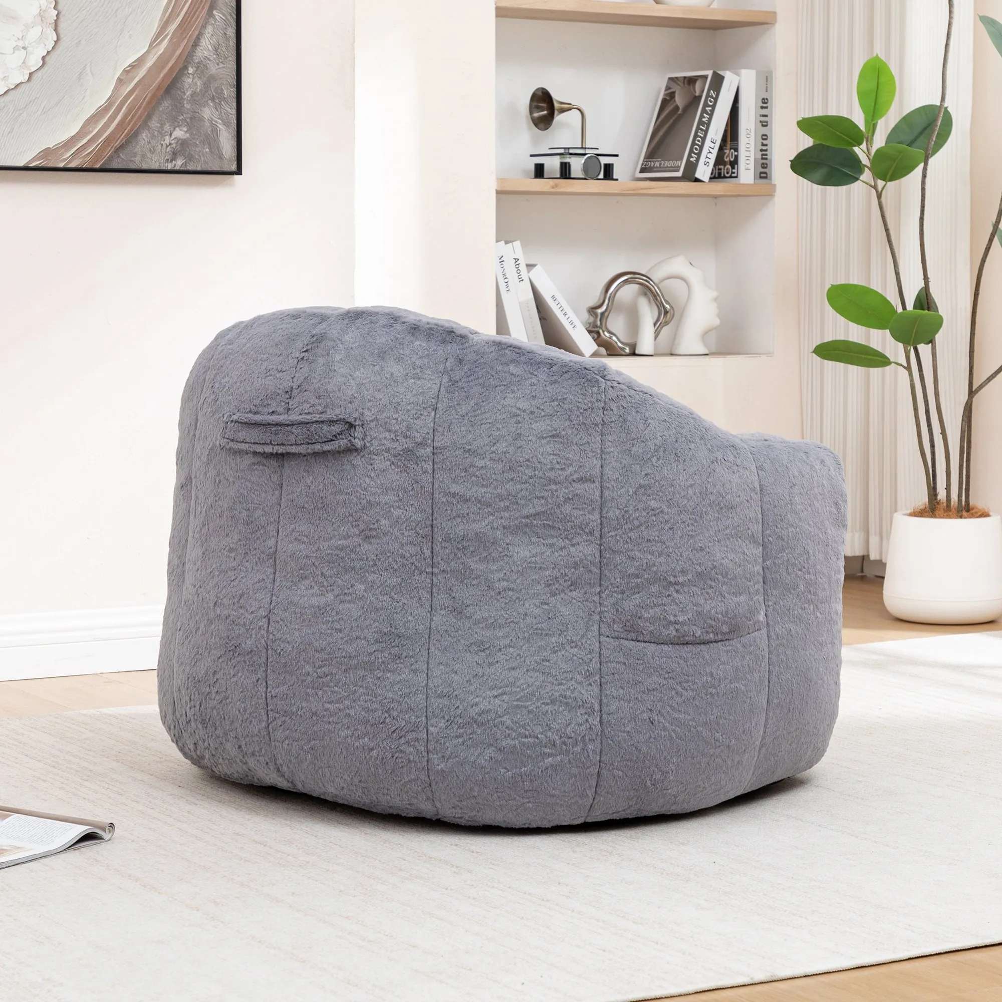 Faux Fur Bean Bag Sofa Chair with Armrests, High-Density Fill