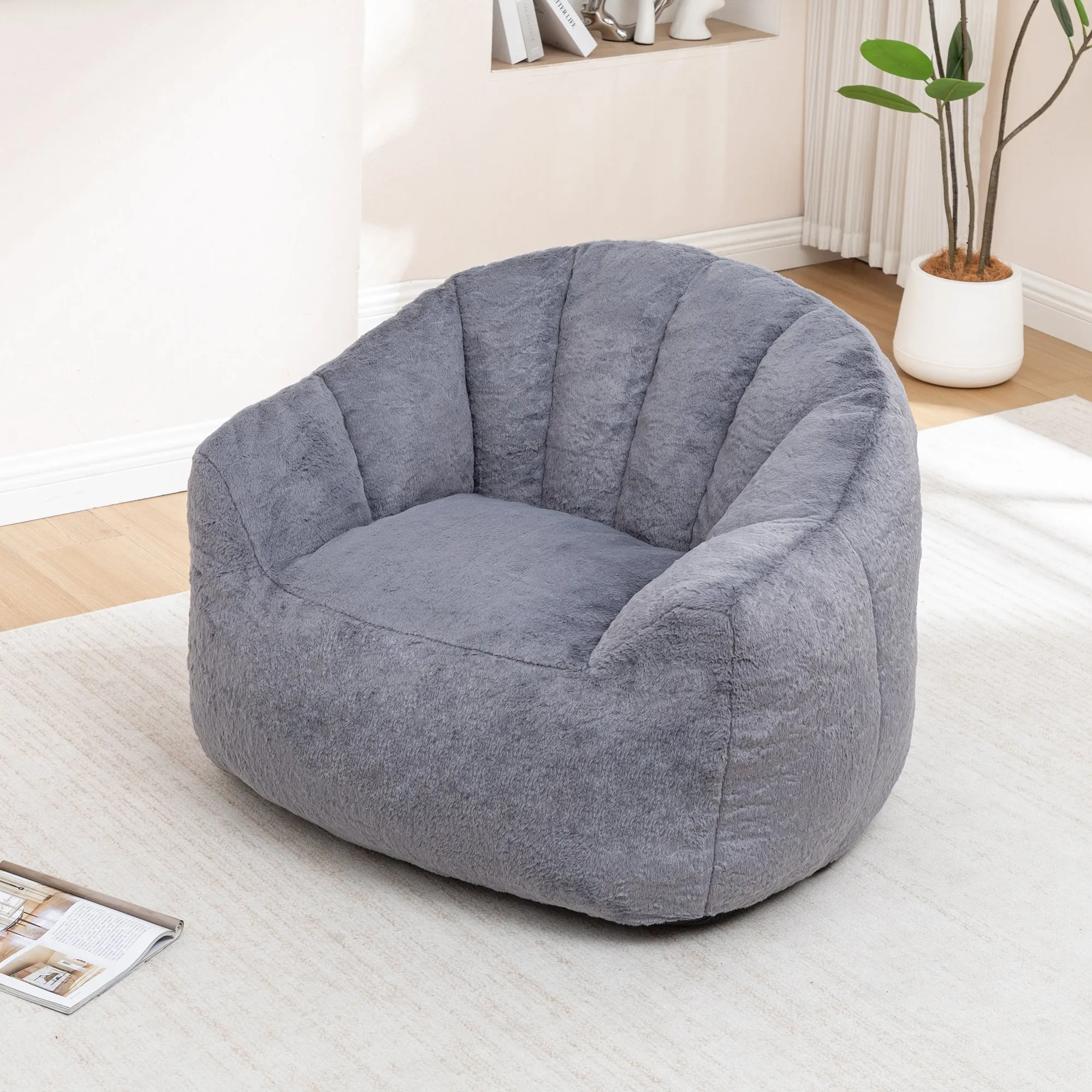 Faux Fur Bean Bag Sofa Chair with Armrests, High-Density Fill