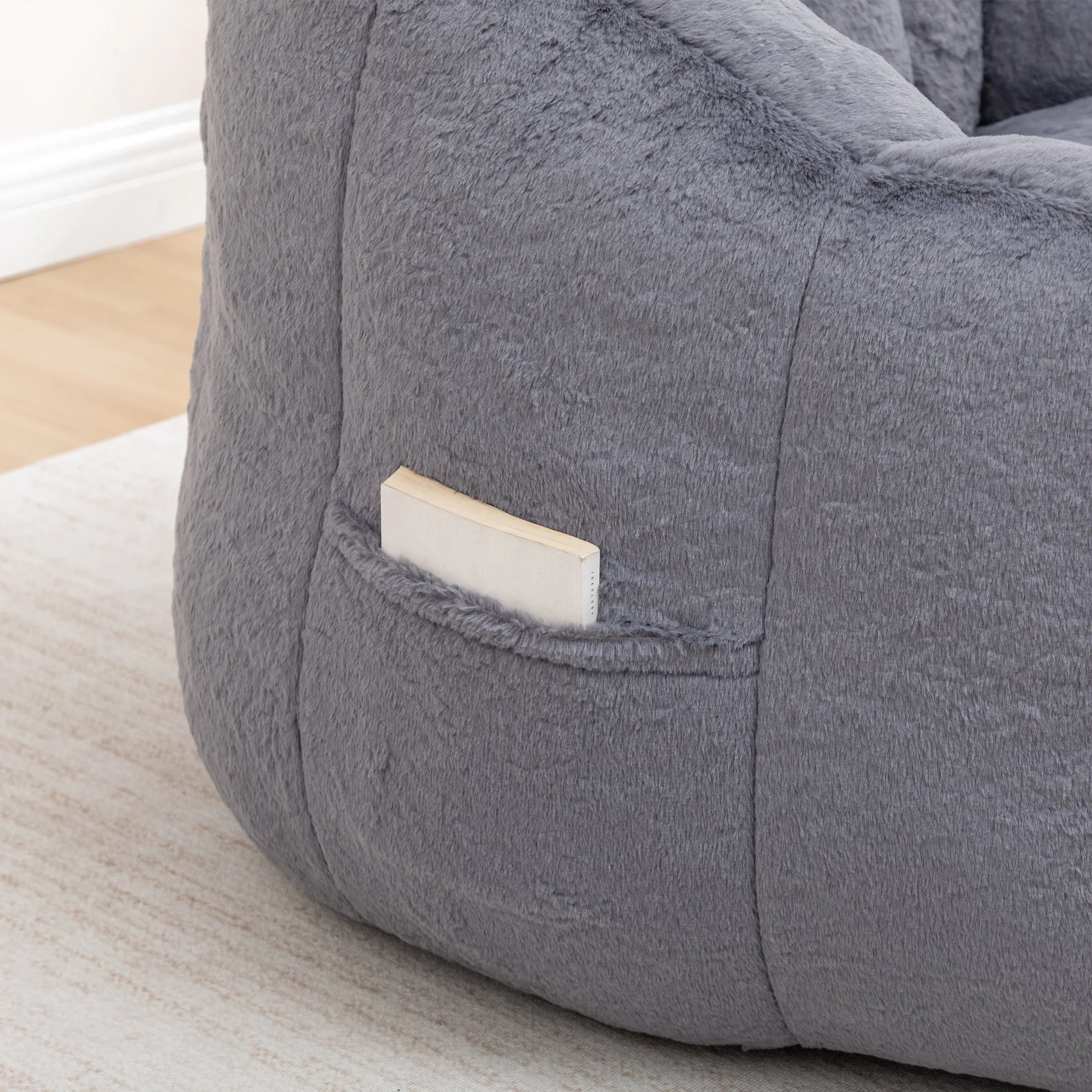 Faux Fur Bean Bag Sofa Chair with Armrests, High-Density Fill
