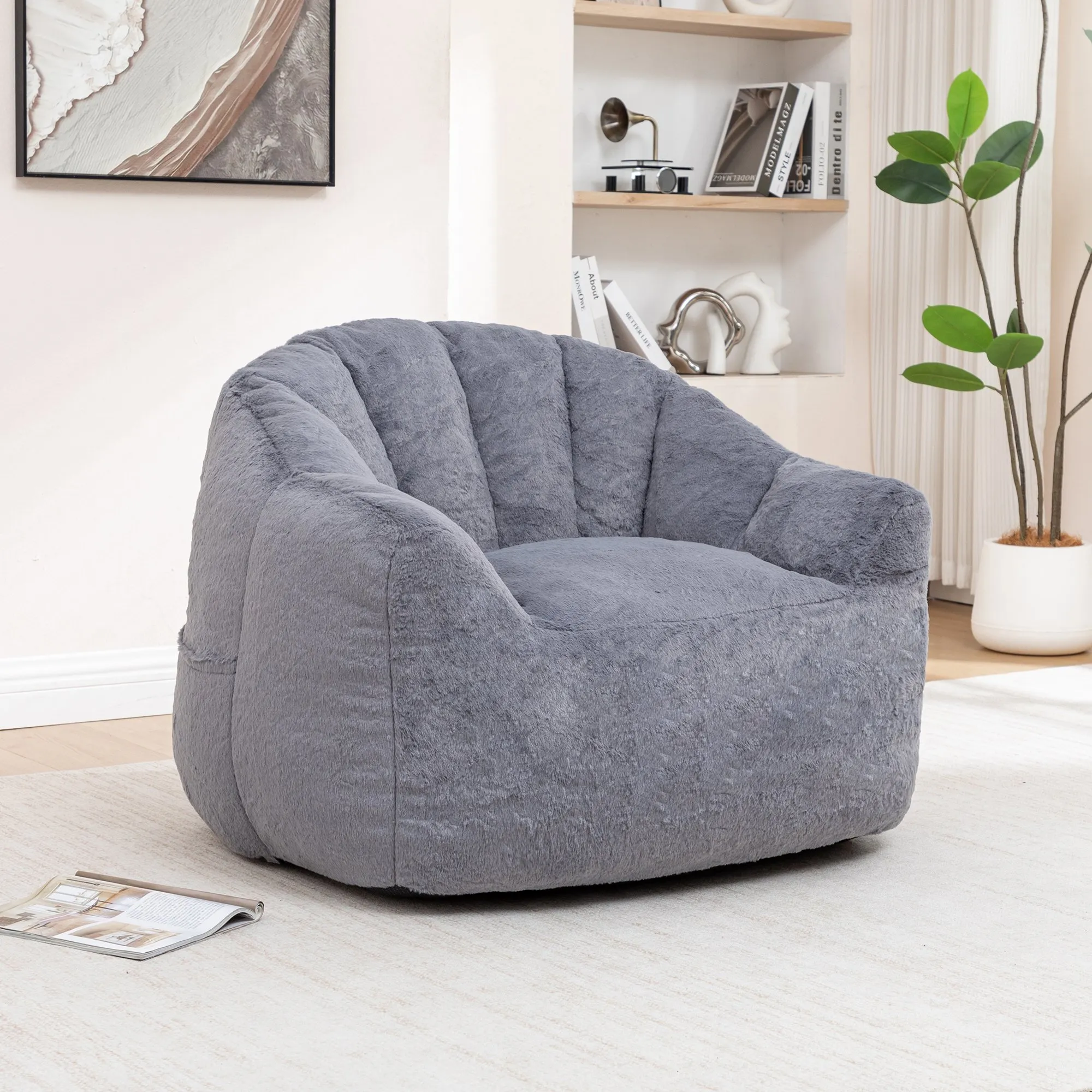 Faux Fur Bean Bag Sofa Chair with Armrests, High-Density Fill