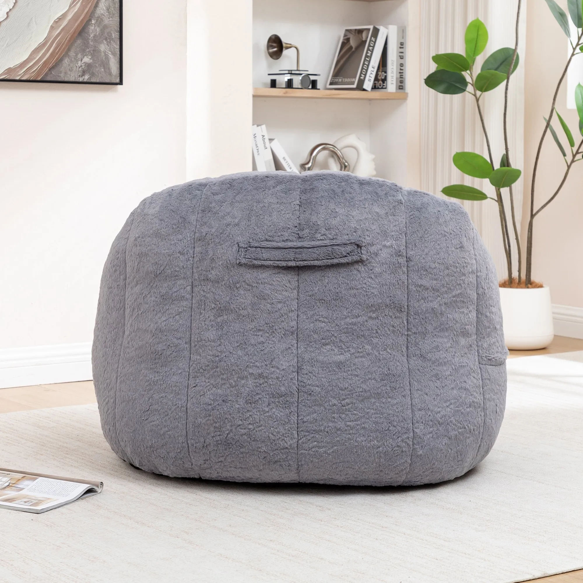 Faux Fur Bean Bag Sofa Chair with Armrests, High-Density Fill