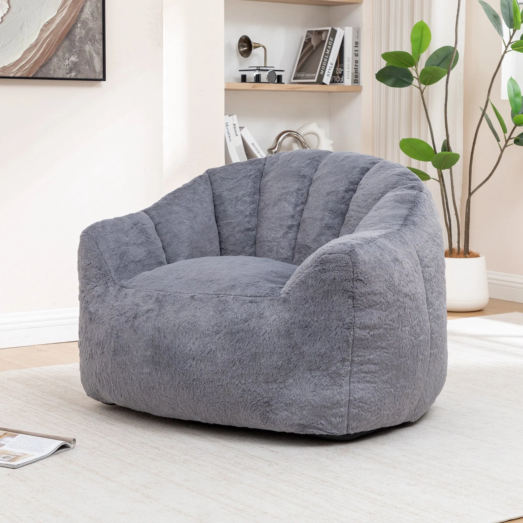 Faux Fur Bean Bag Sofa Chair with Armrests, High-Density Fill