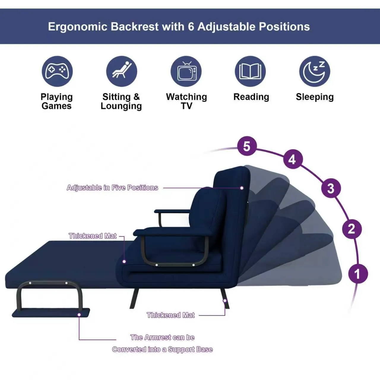 46-Inch Wide 5-in-1 Folding Sofa Bed Chair for Two