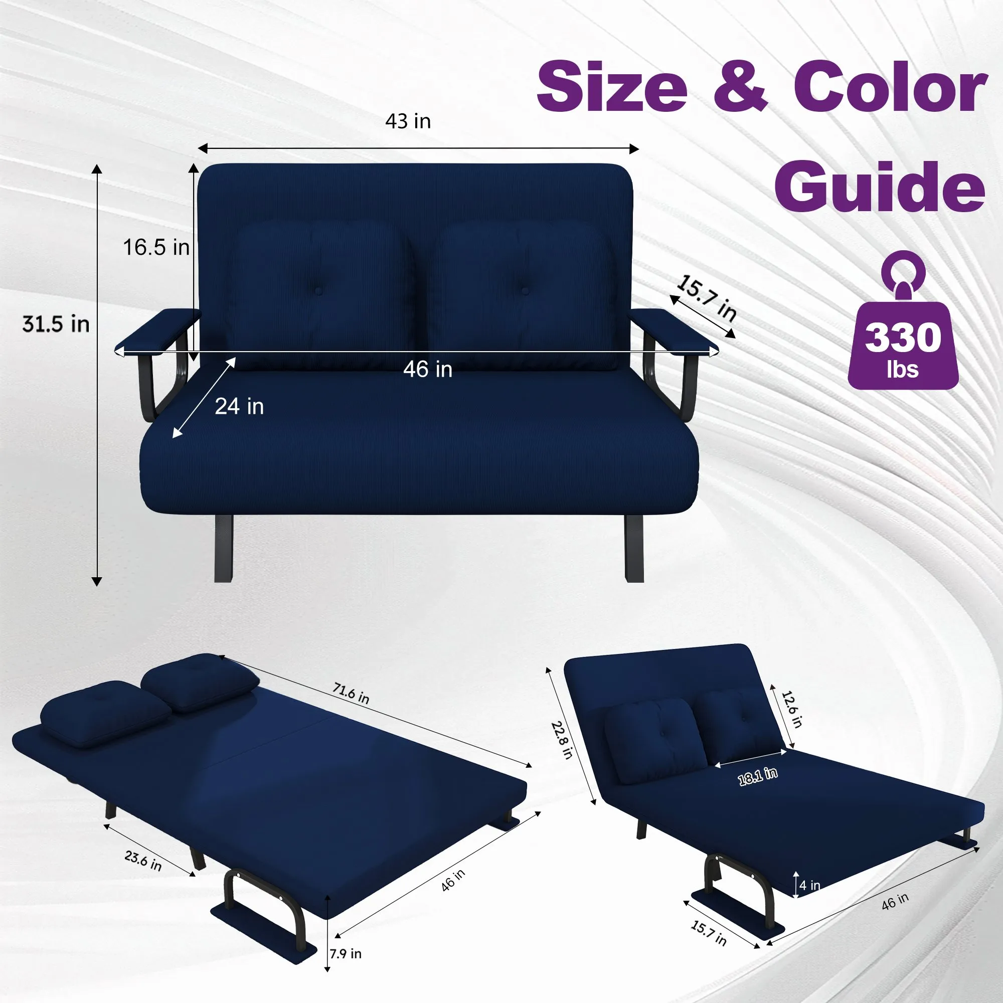 46-Inch Wide 5-in-1 Folding Sofa Bed Chair for Two
