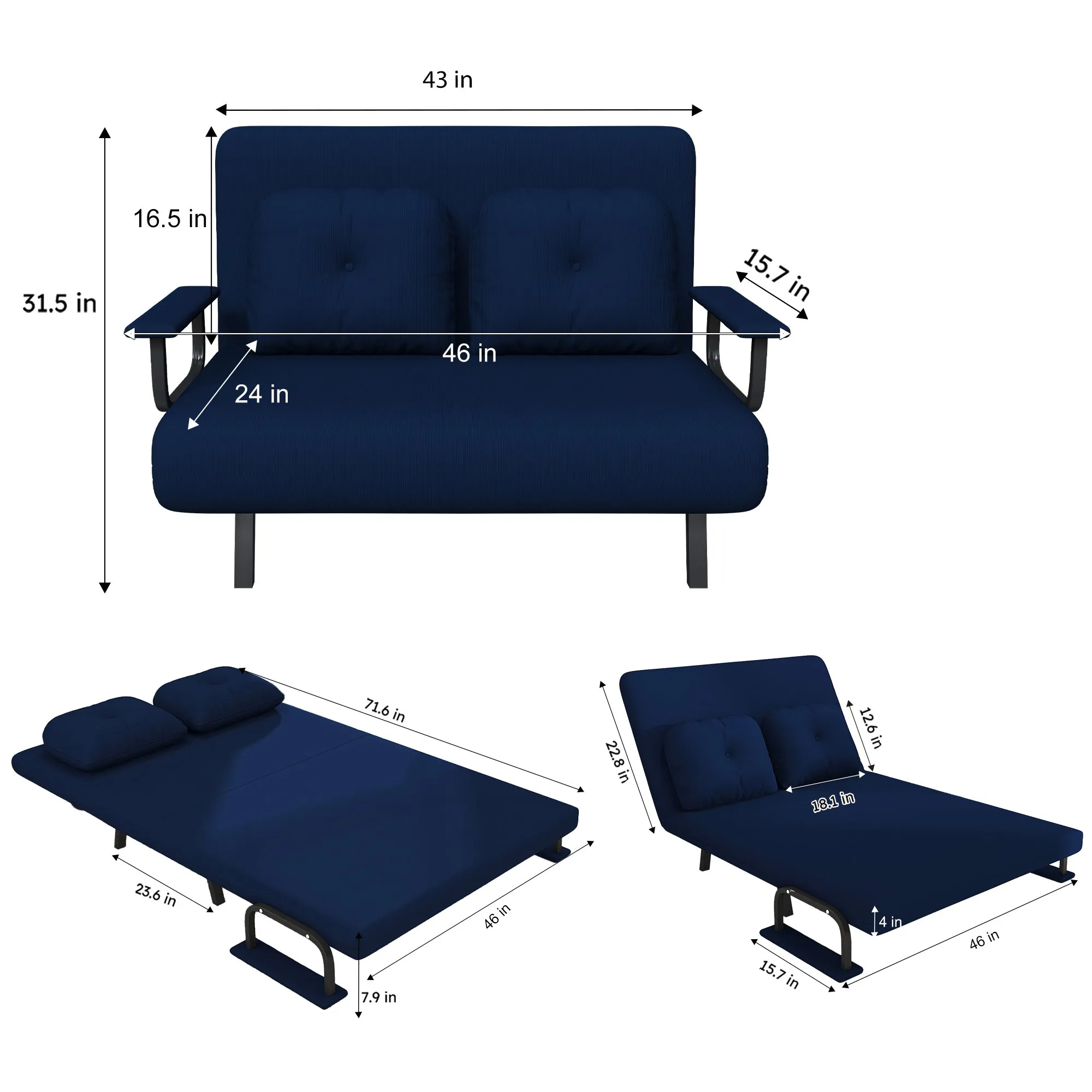 46-Inch Wide 5-in-1 Folding Sofa Bed Chair for Two