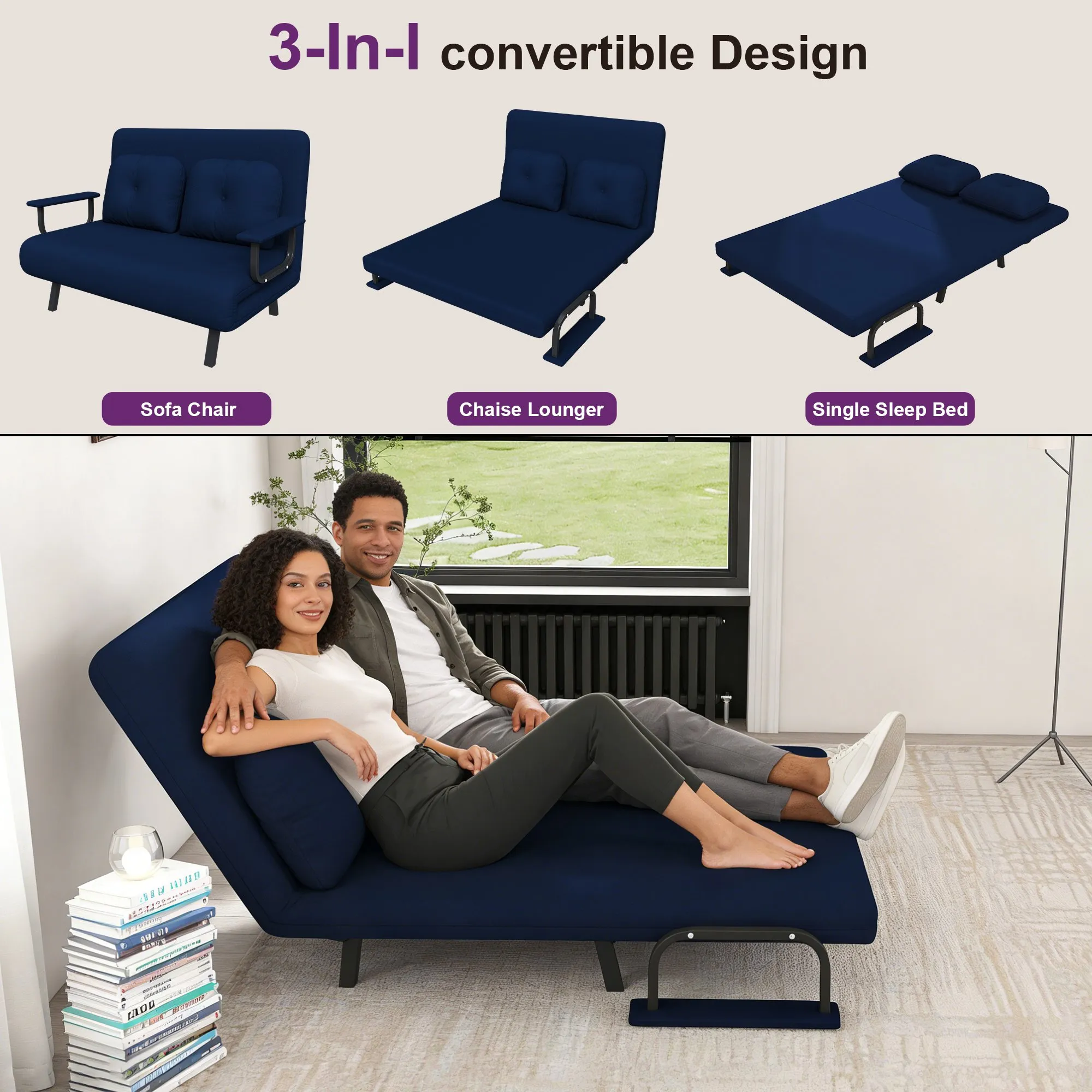 46-Inch Wide 5-in-1 Folding Sofa Bed Chair for Two