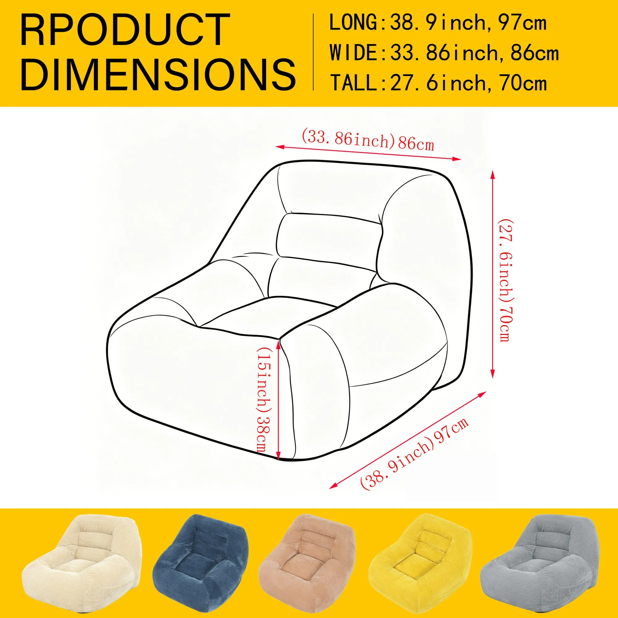 Corduroy Beanbag Couch for Living Room, Bedroom and Dorm