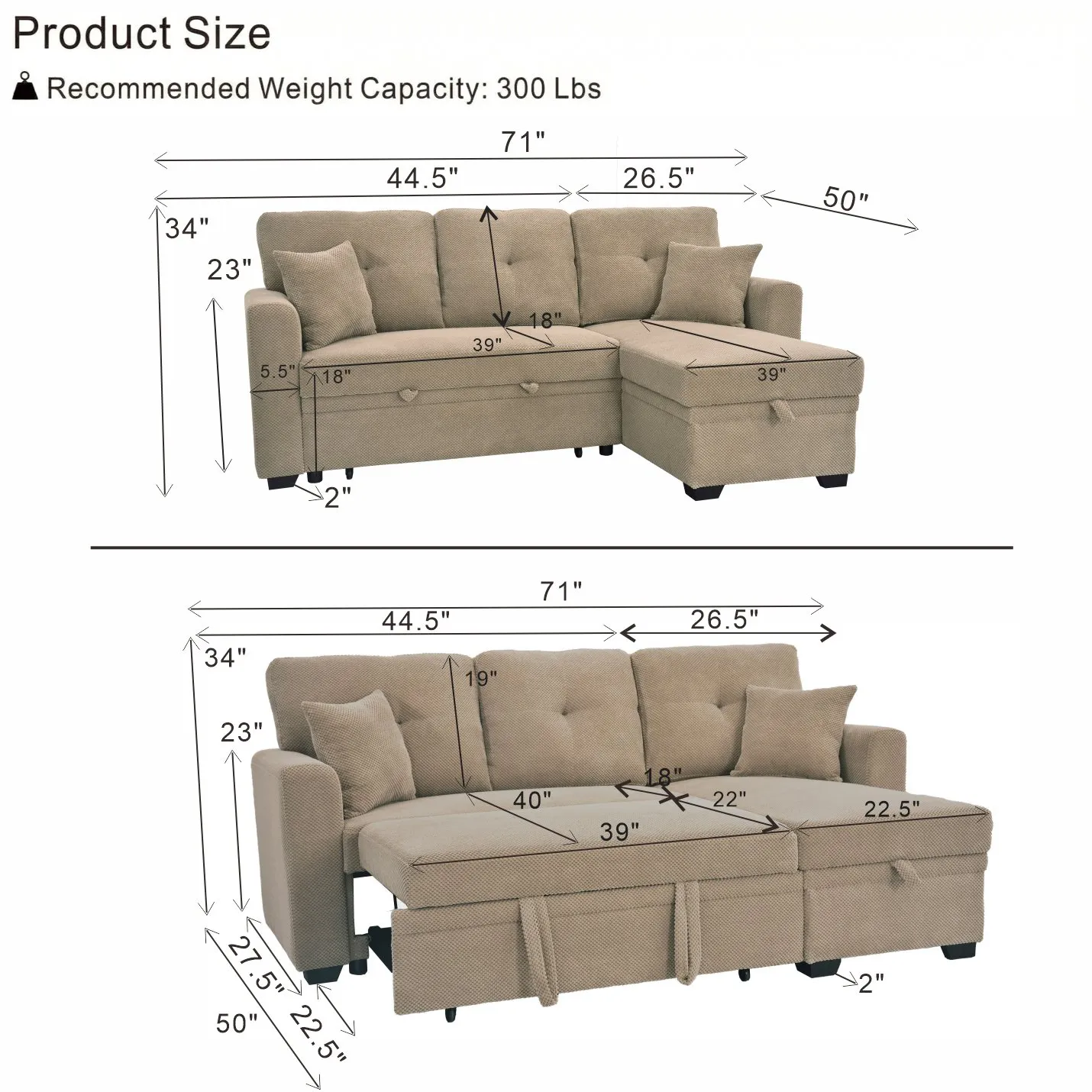 Sleeper Sectional Sofa with Pull-Out Bed and Reversible Chaise