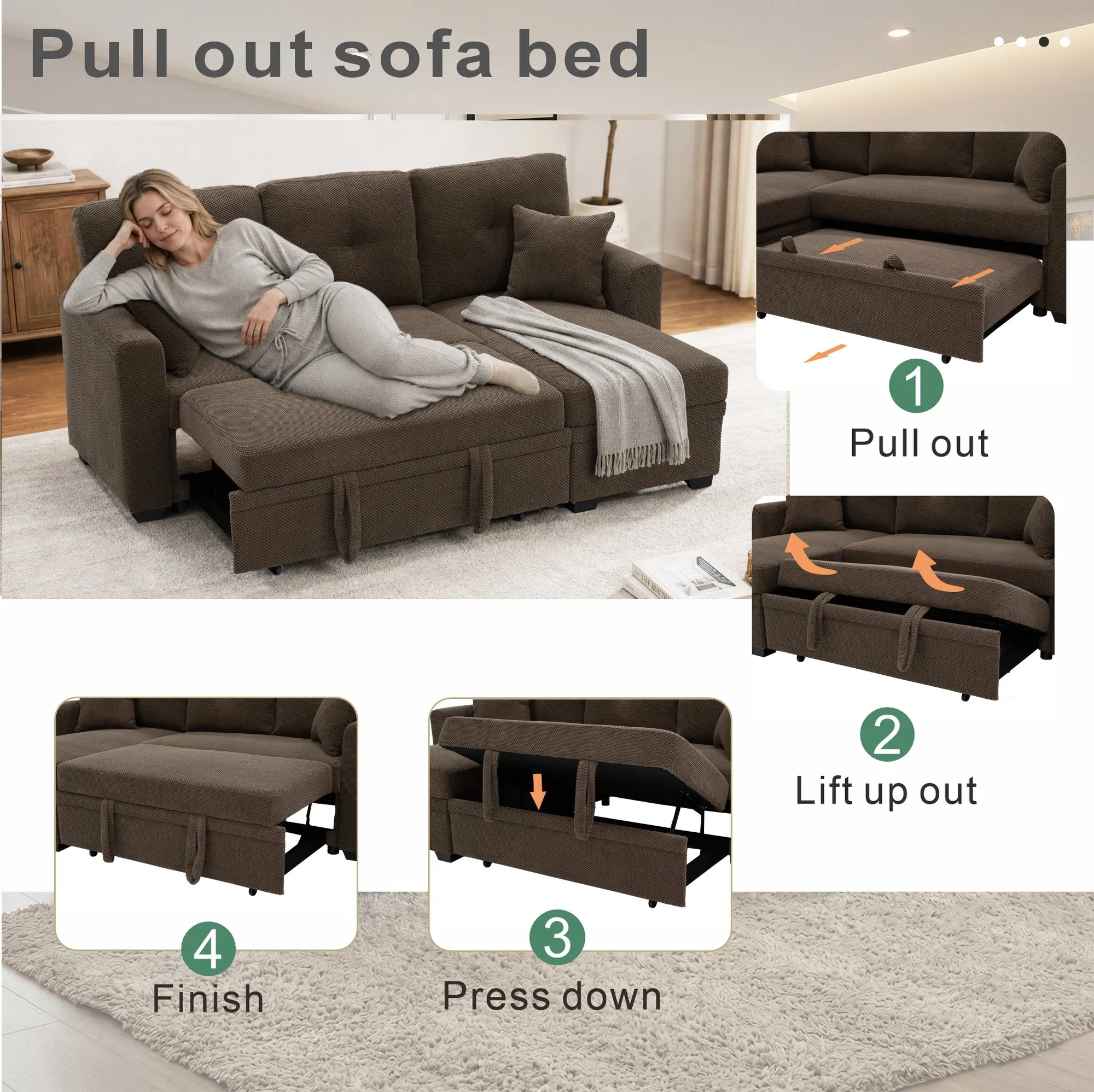 Sleeper Sectional Sofa with Pull-Out Bed and Reversible Chaise