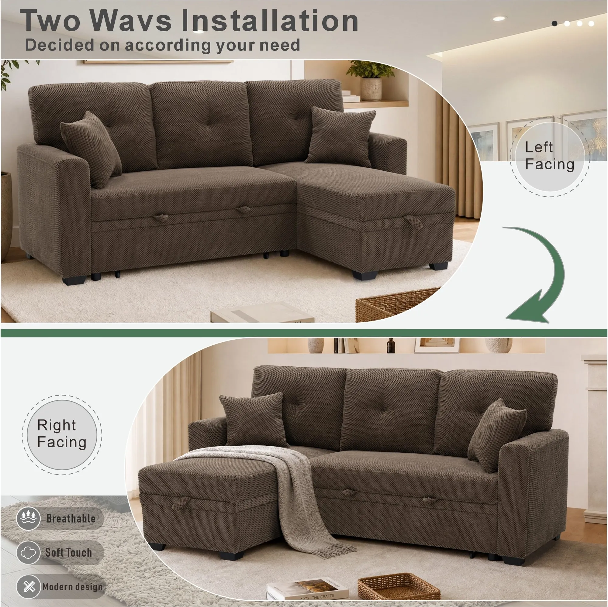 Sleeper Sectional Sofa with Pull-Out Bed and Reversible Chaise