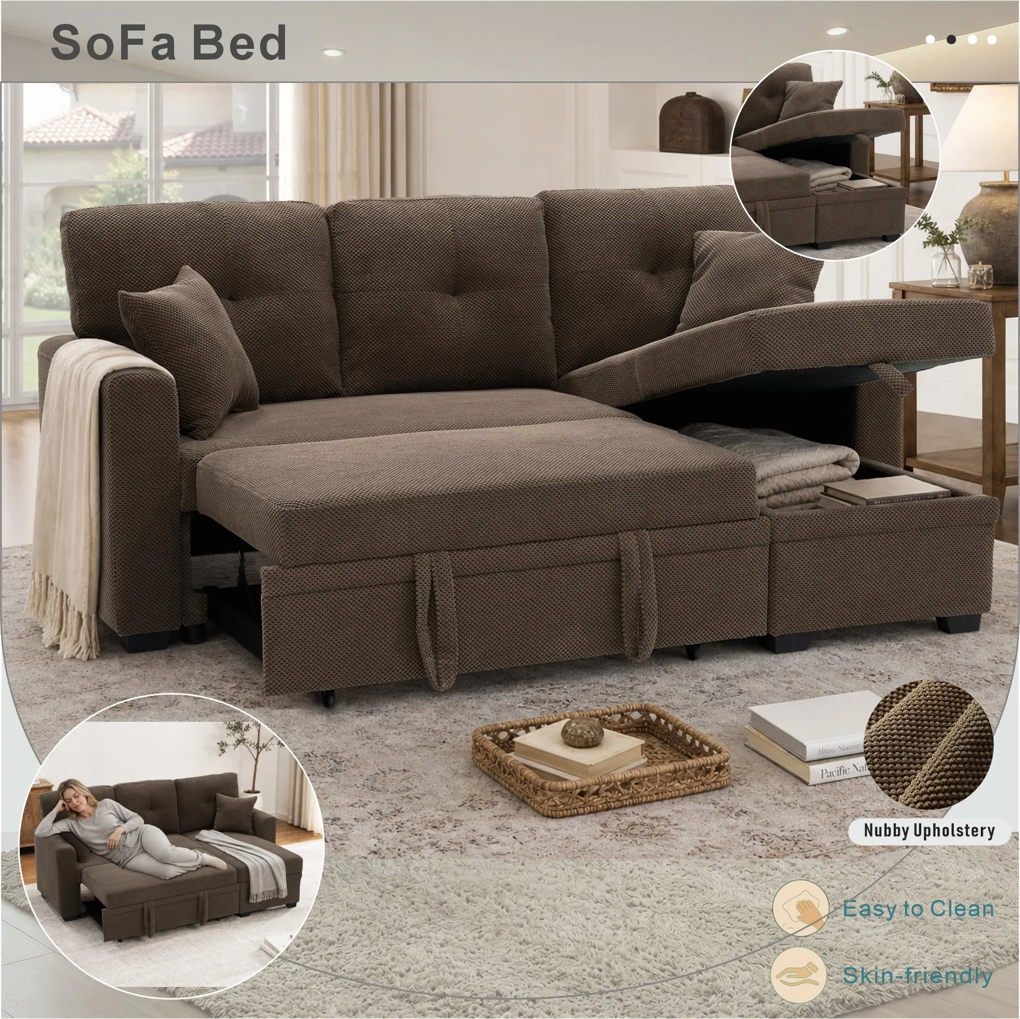 Sleeper Sectional Sofa with Pull-Out Bed and Reversible Chaise