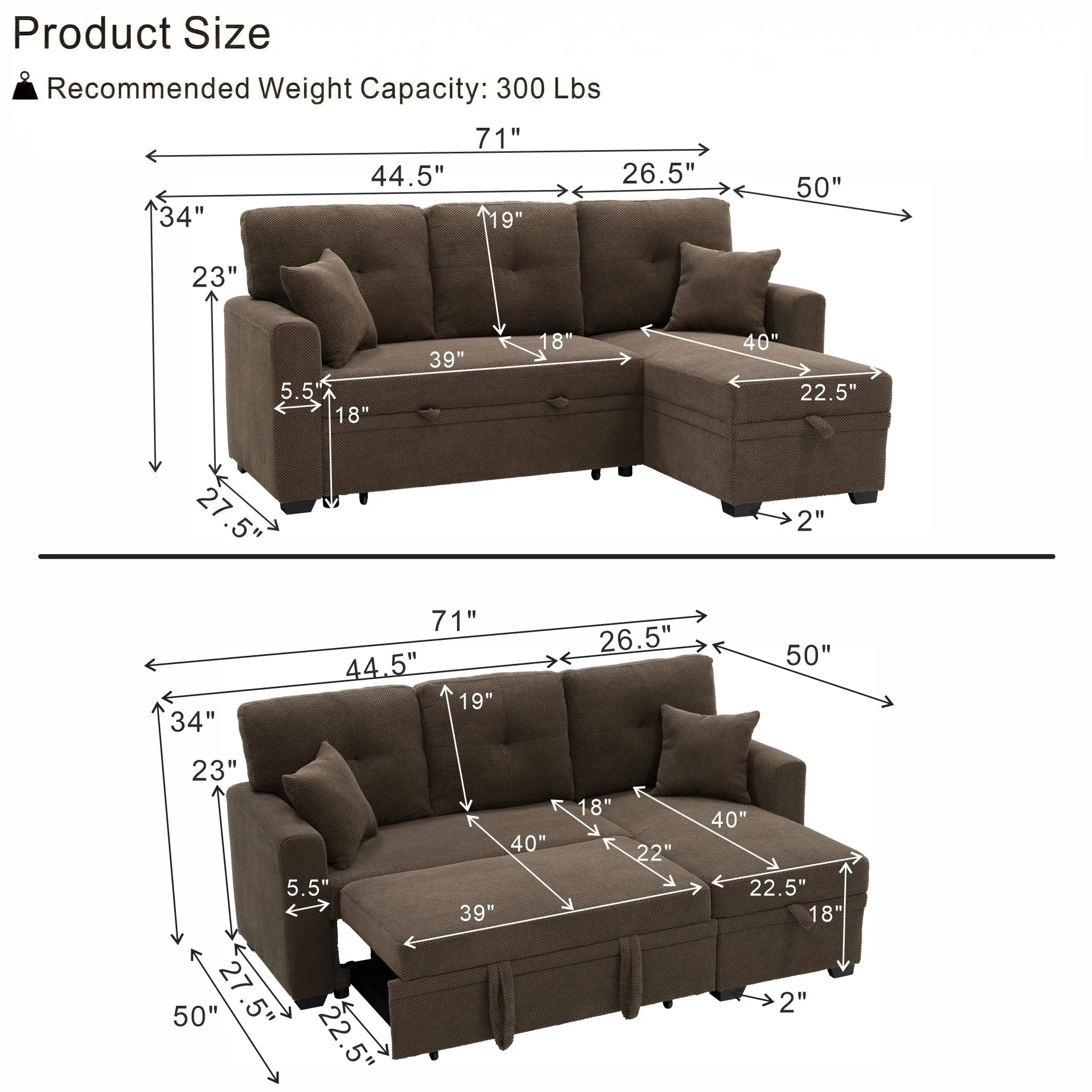 Sleeper Sectional Sofa with Pull-Out Bed and Reversible Chaise