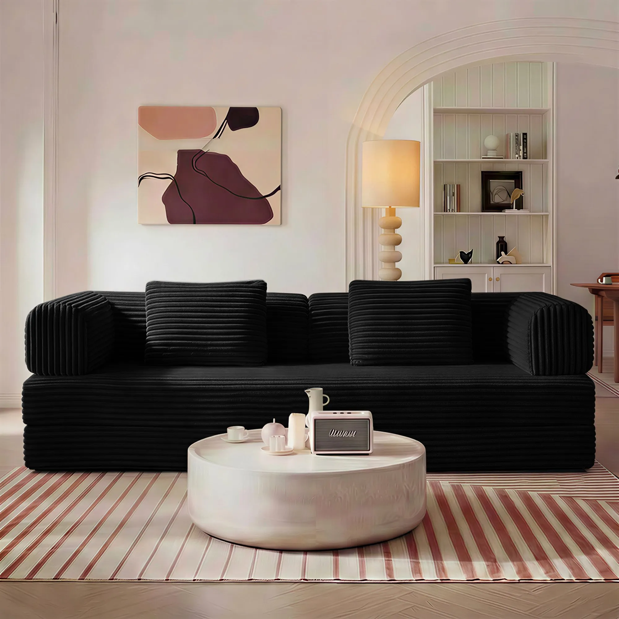 Corduroy Compression Sofa Bed, Convertible Floor Sofa with Pillows
