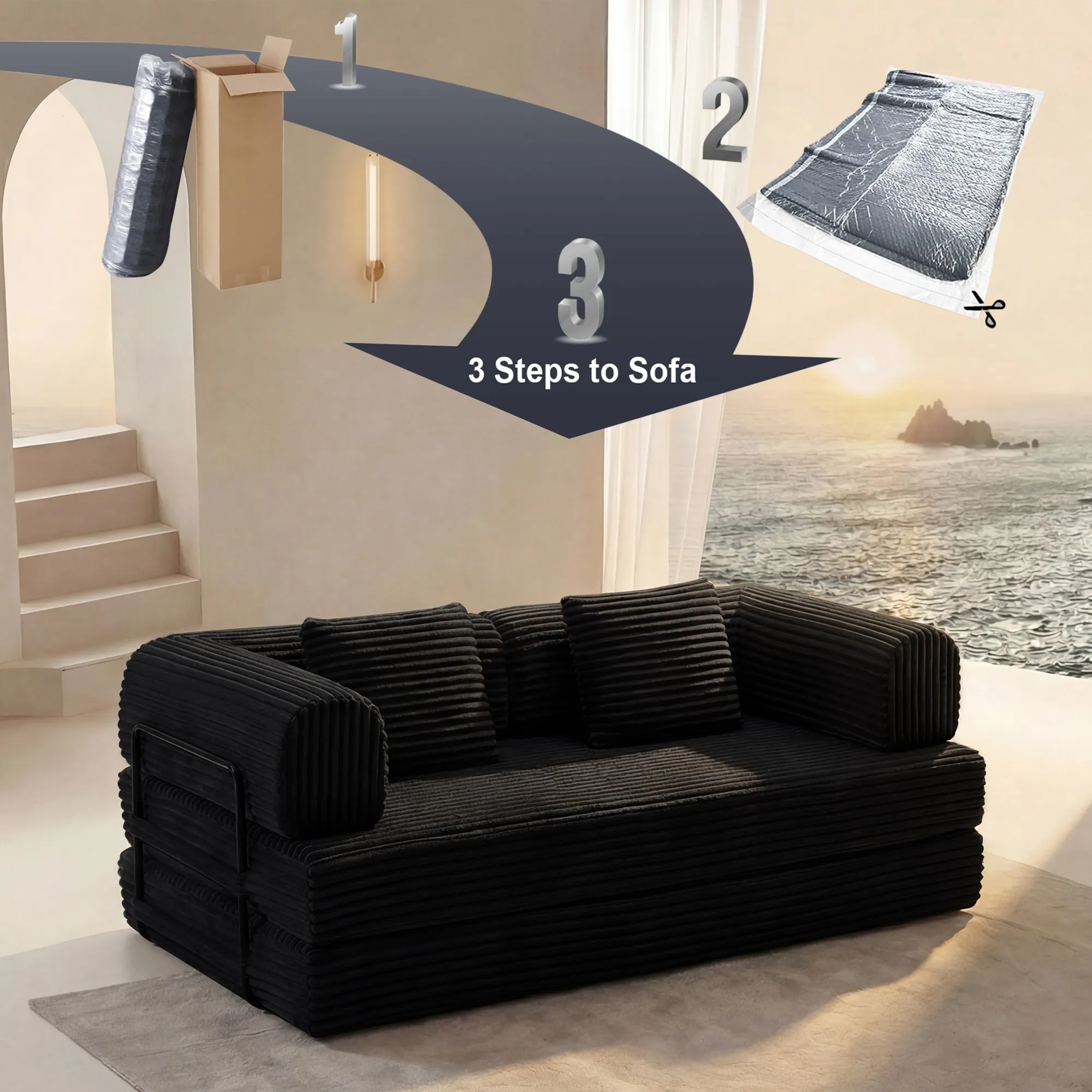 Corduroy Compression Sofa Bed, Convertible Floor Sofa with Pillows