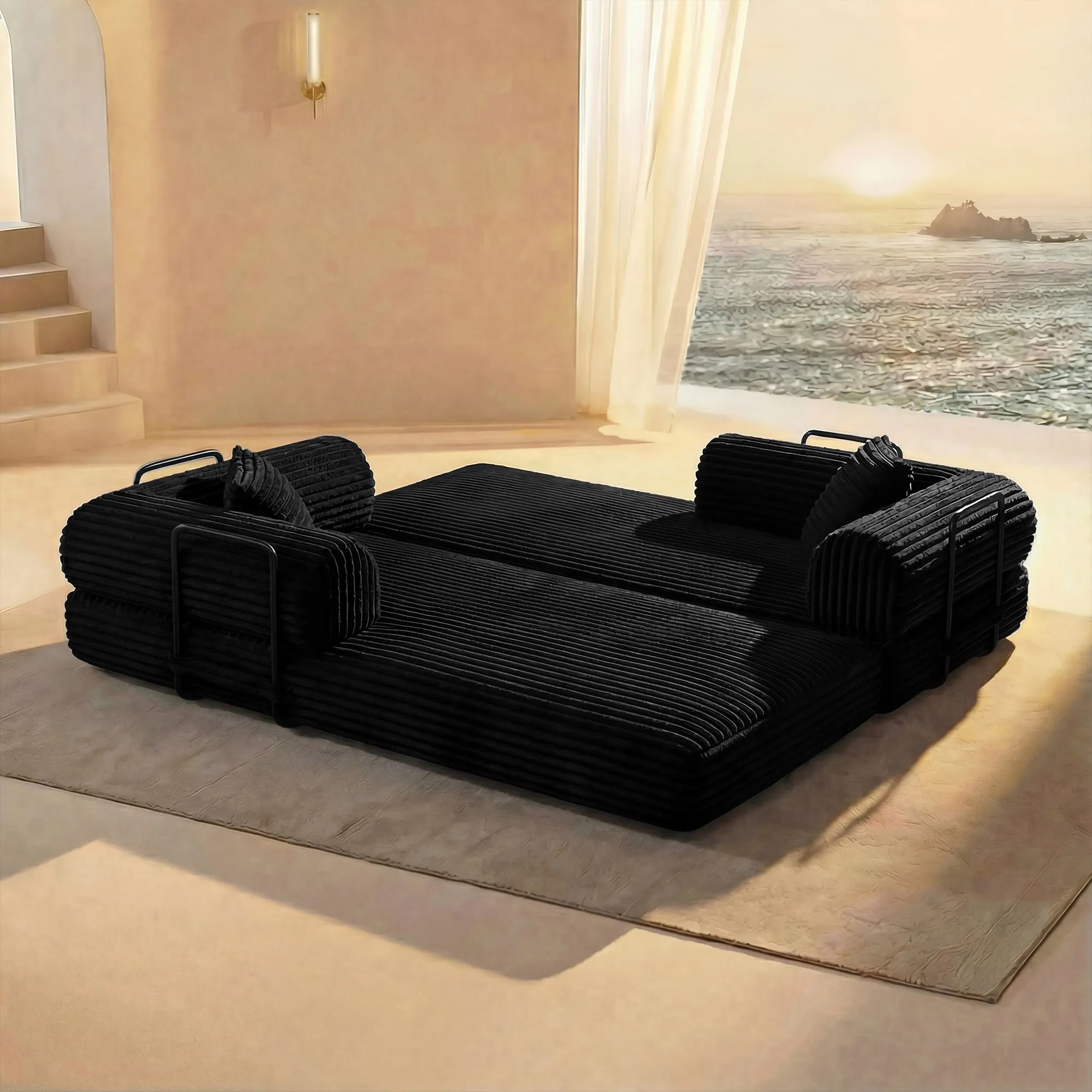 Corduroy Compression Sofa Bed, Convertible Floor Sofa with Pillows
