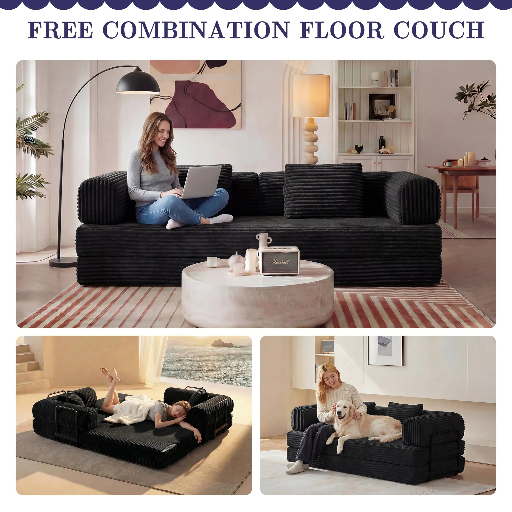 Corduroy Compression Sofa Bed, Convertible Floor Sofa with Pillows