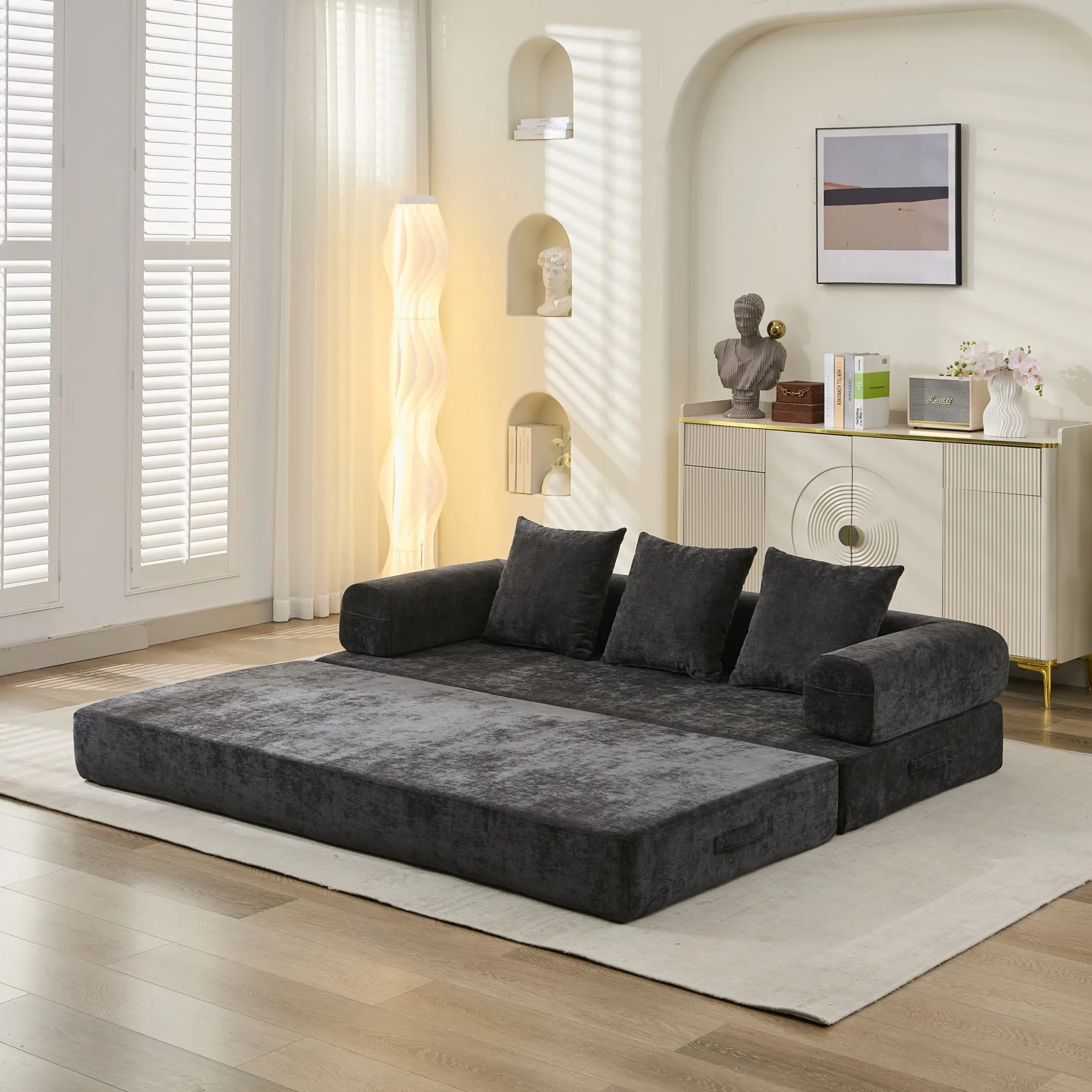 Chenille Convertible Folding Mattress Couch, Comfy Floor Sofa Bed