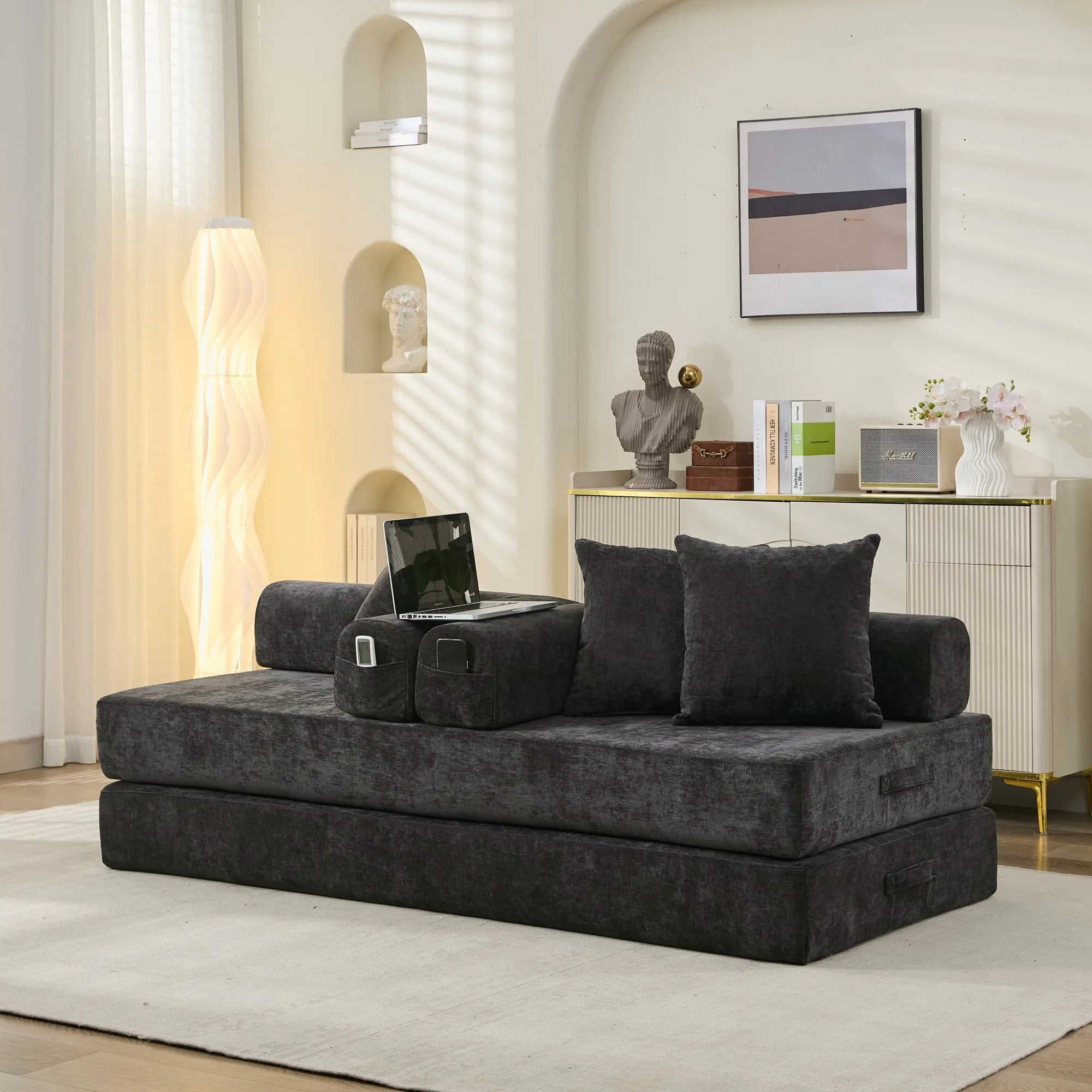 Chenille Convertible Folding Mattress Couch, Comfy Floor Sofa Bed