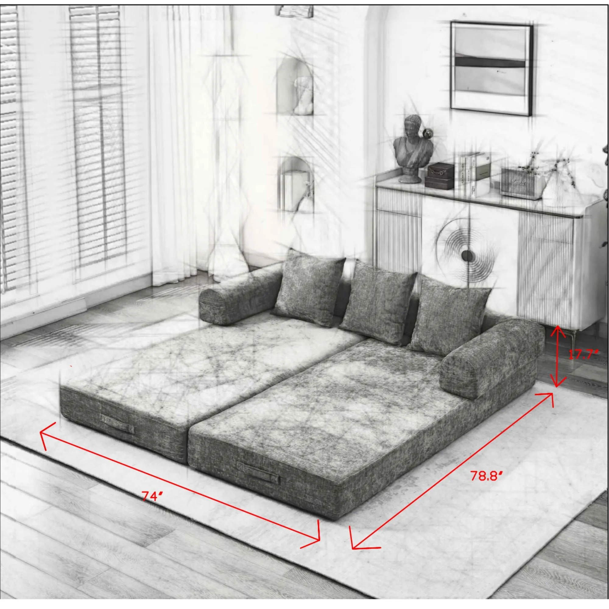 Chenille Convertible Folding Mattress Couch, Comfy Floor Sofa Bed
