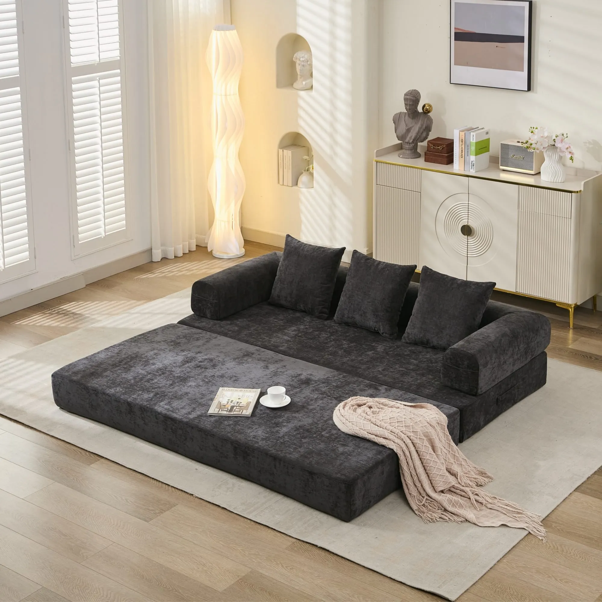 Chenille Convertible Folding Mattress Couch, Comfy Floor Sofa Bed