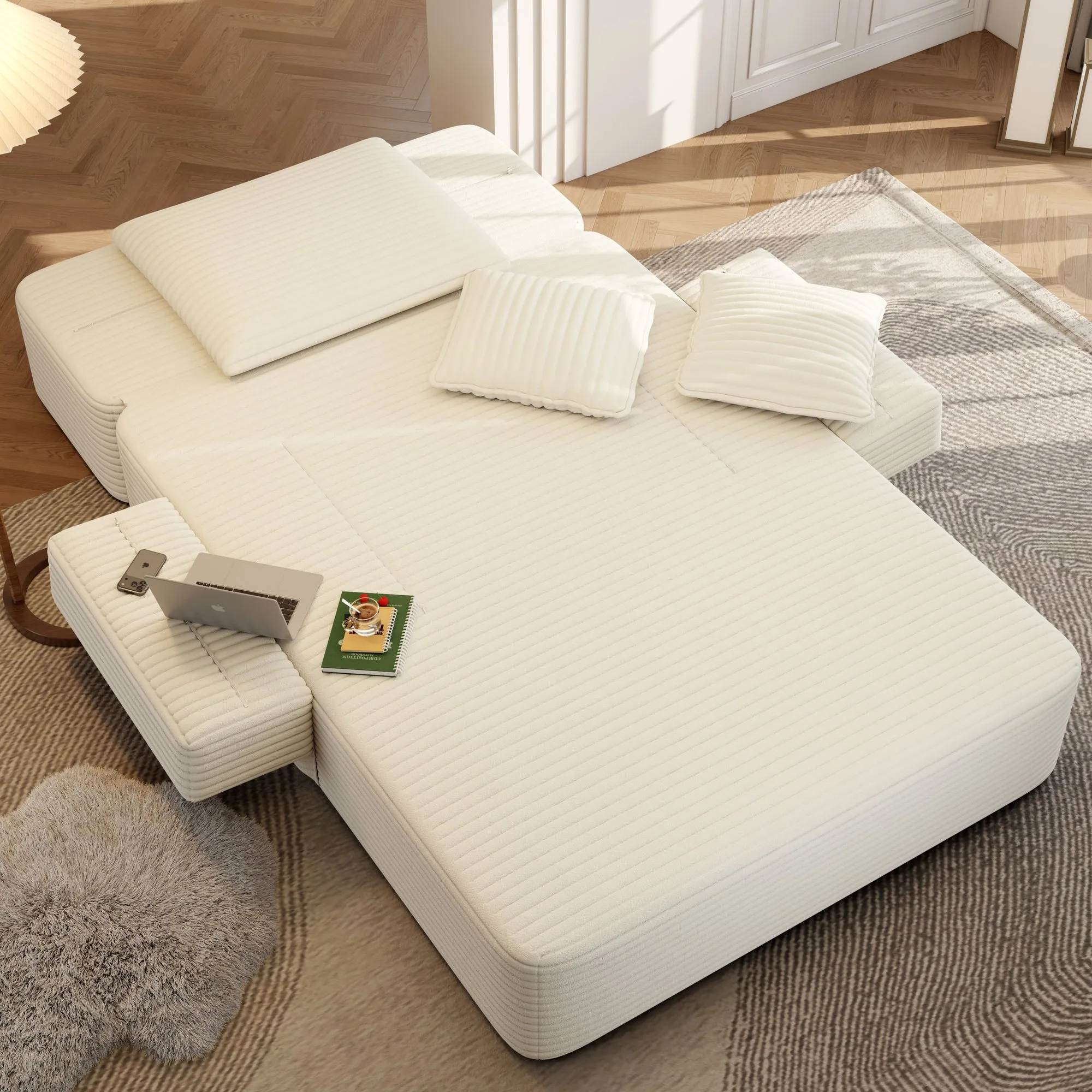 Oversized Plush Corduroy Chaise Lounge Sofa Bed, Convertible