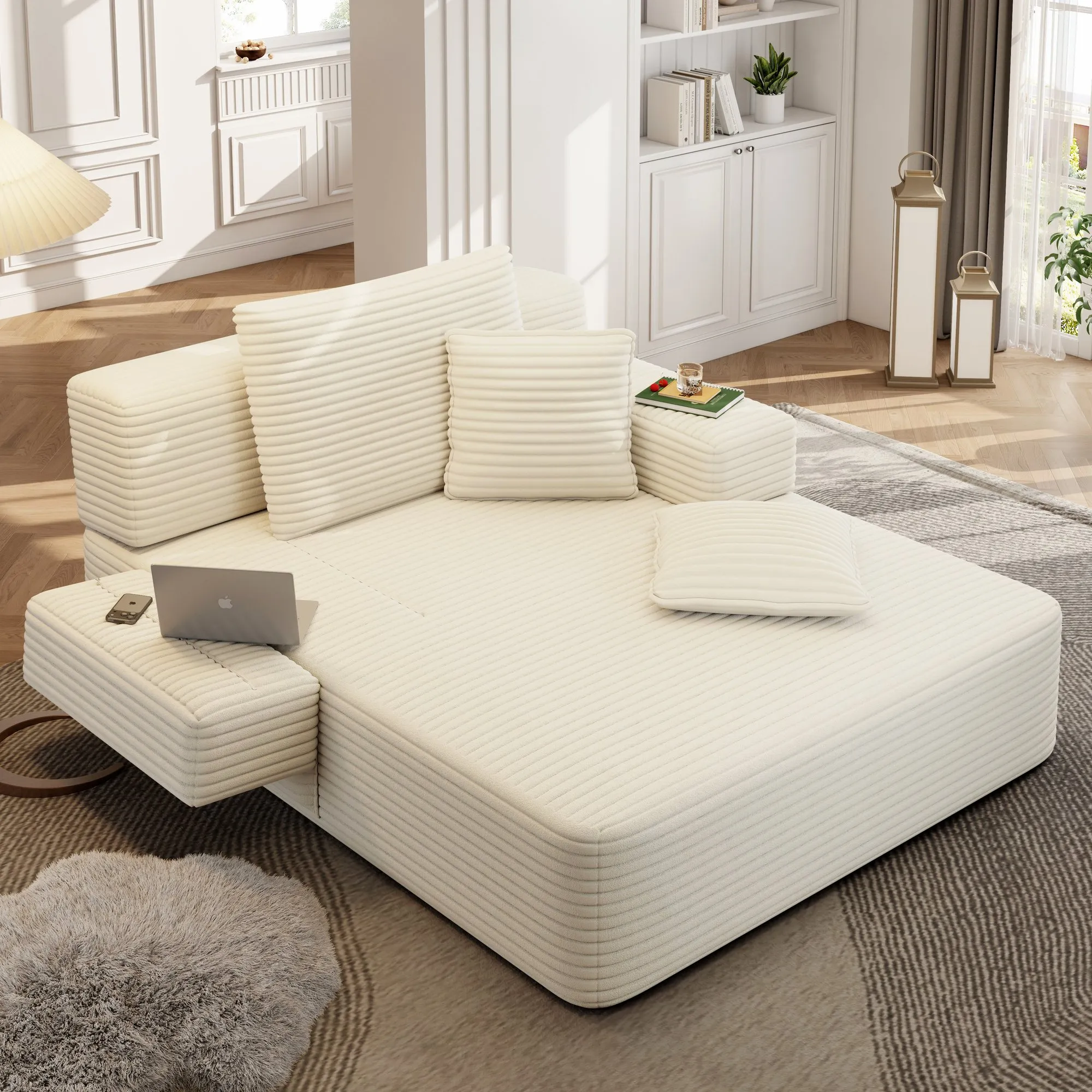 Oversized Plush Corduroy Chaise Lounge Sofa Bed, Convertible