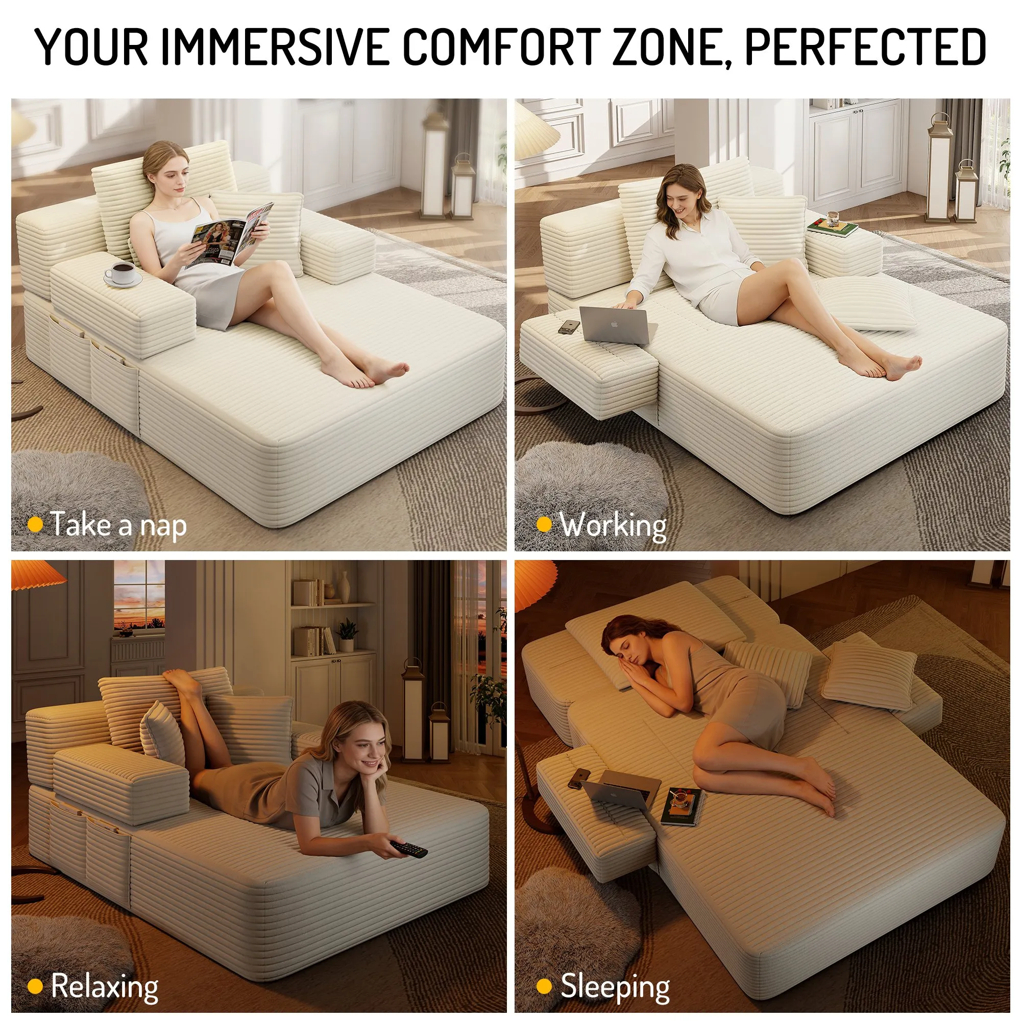 Oversized Plush Corduroy Chaise Lounge Sofa Bed, Convertible