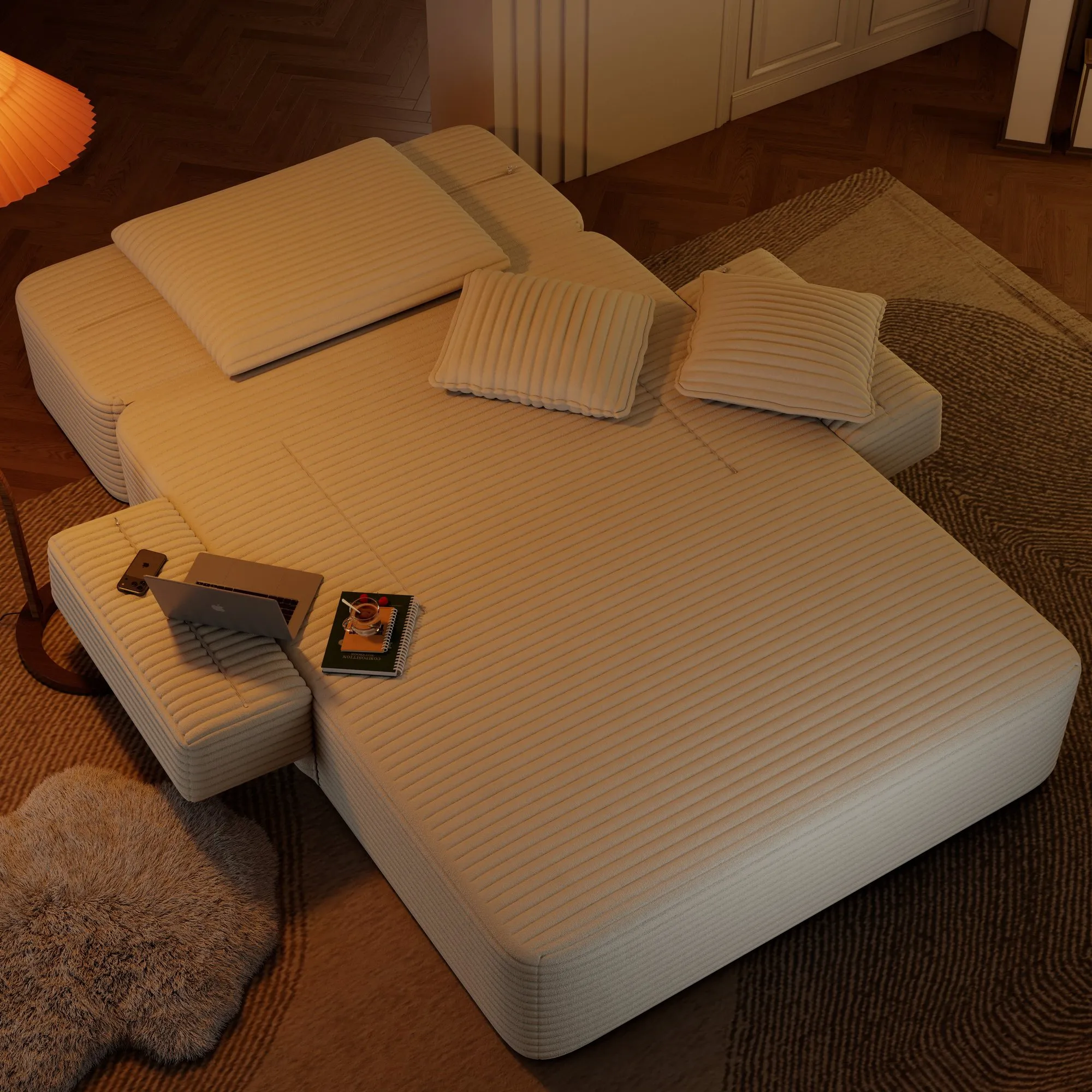 Oversized Plush Corduroy Chaise Lounge Sofa Bed, Convertible