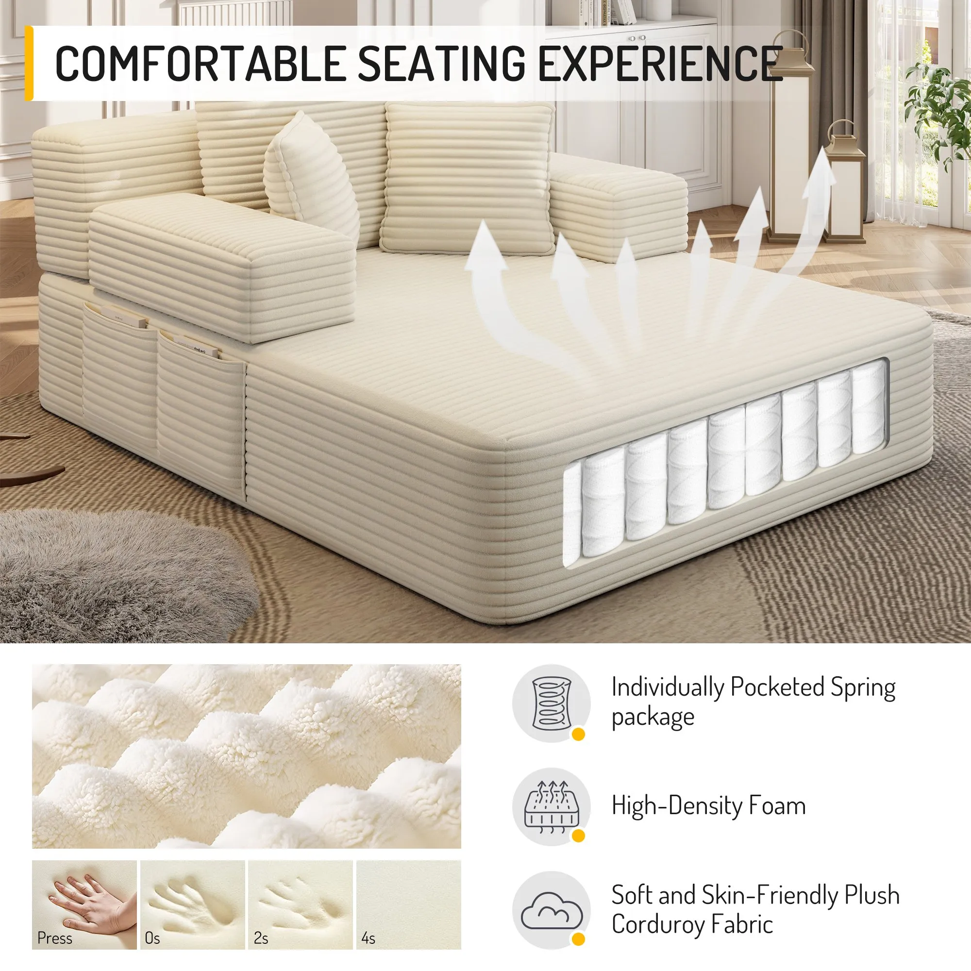 Oversized Plush Corduroy Chaise Lounge Sofa Bed, Convertible