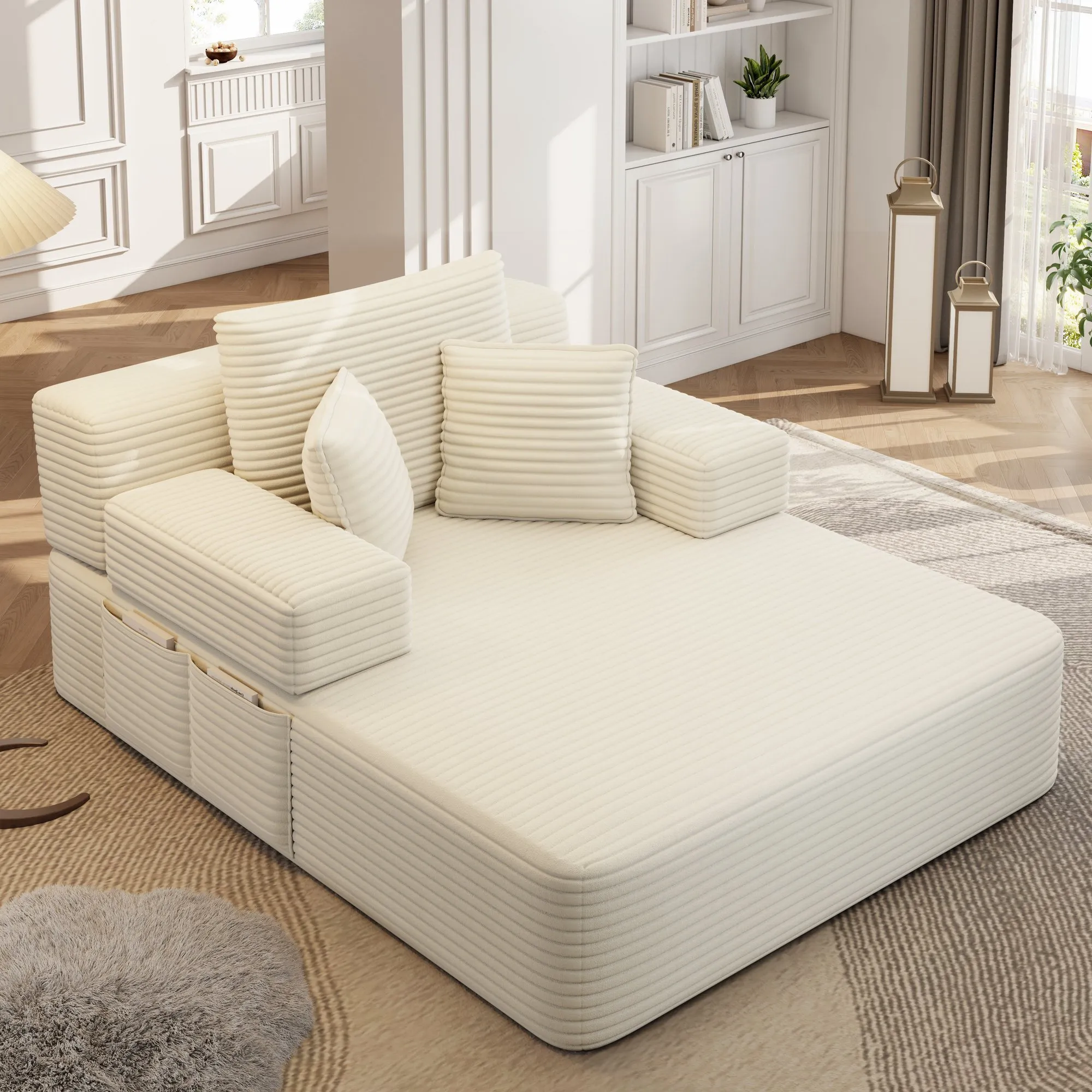 Oversized Plush Corduroy Chaise Lounge Sofa Bed, Convertible