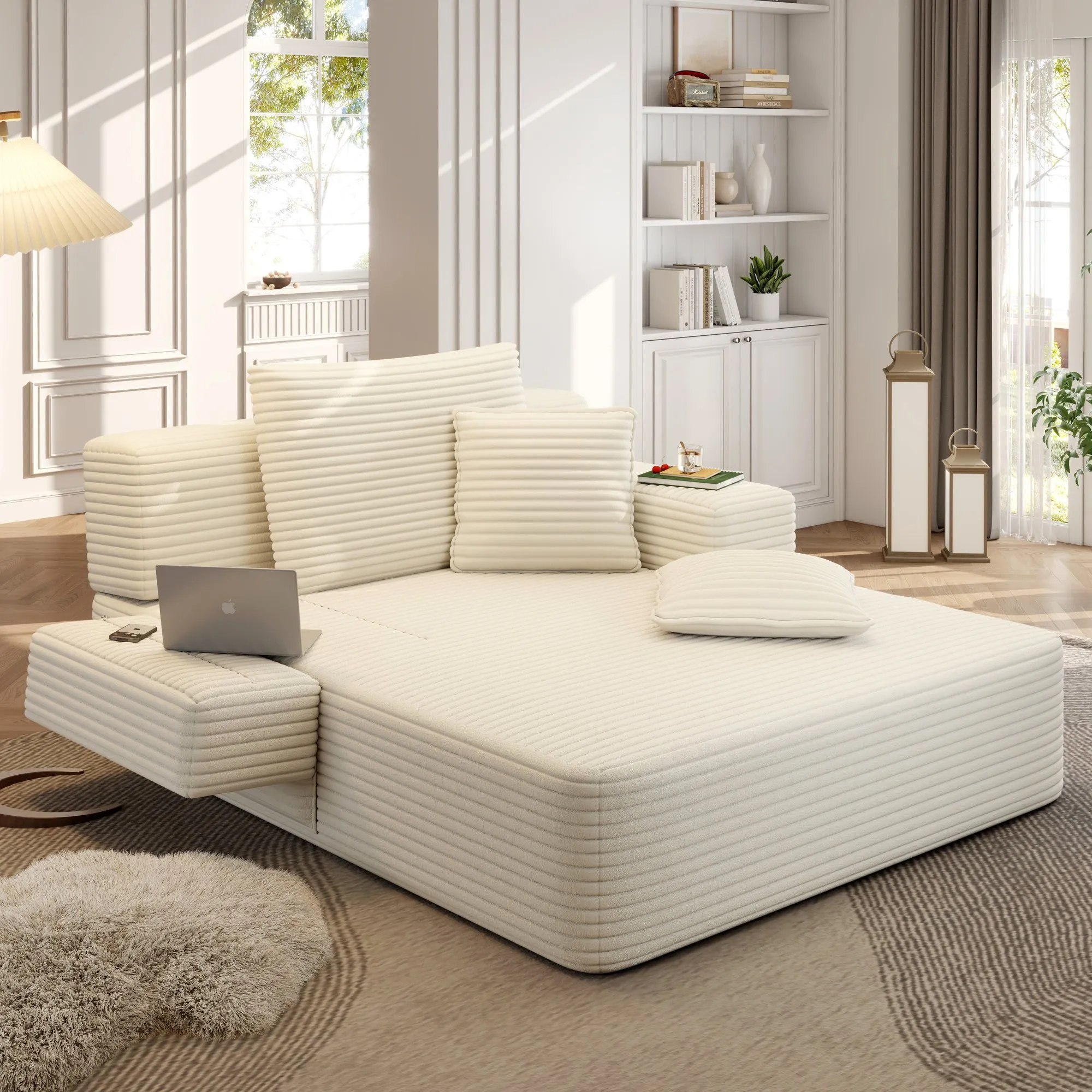 Oversized Plush Corduroy Chaise Lounge Sofa Bed, Convertible