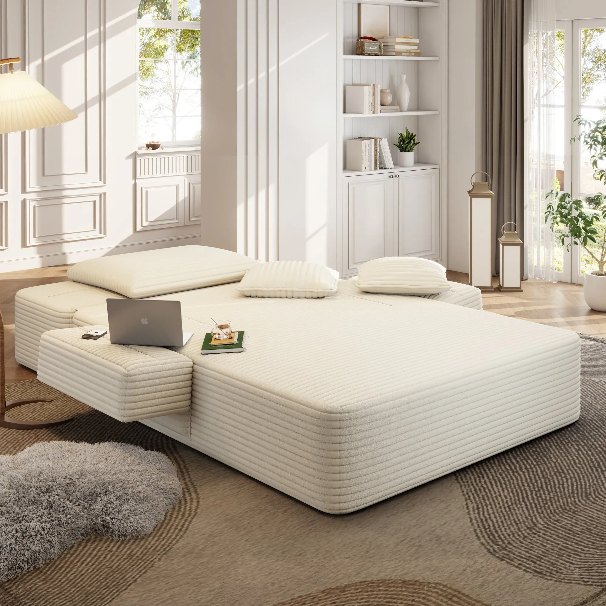 Oversized Plush Corduroy Chaise Lounge Sofa Bed, Convertible