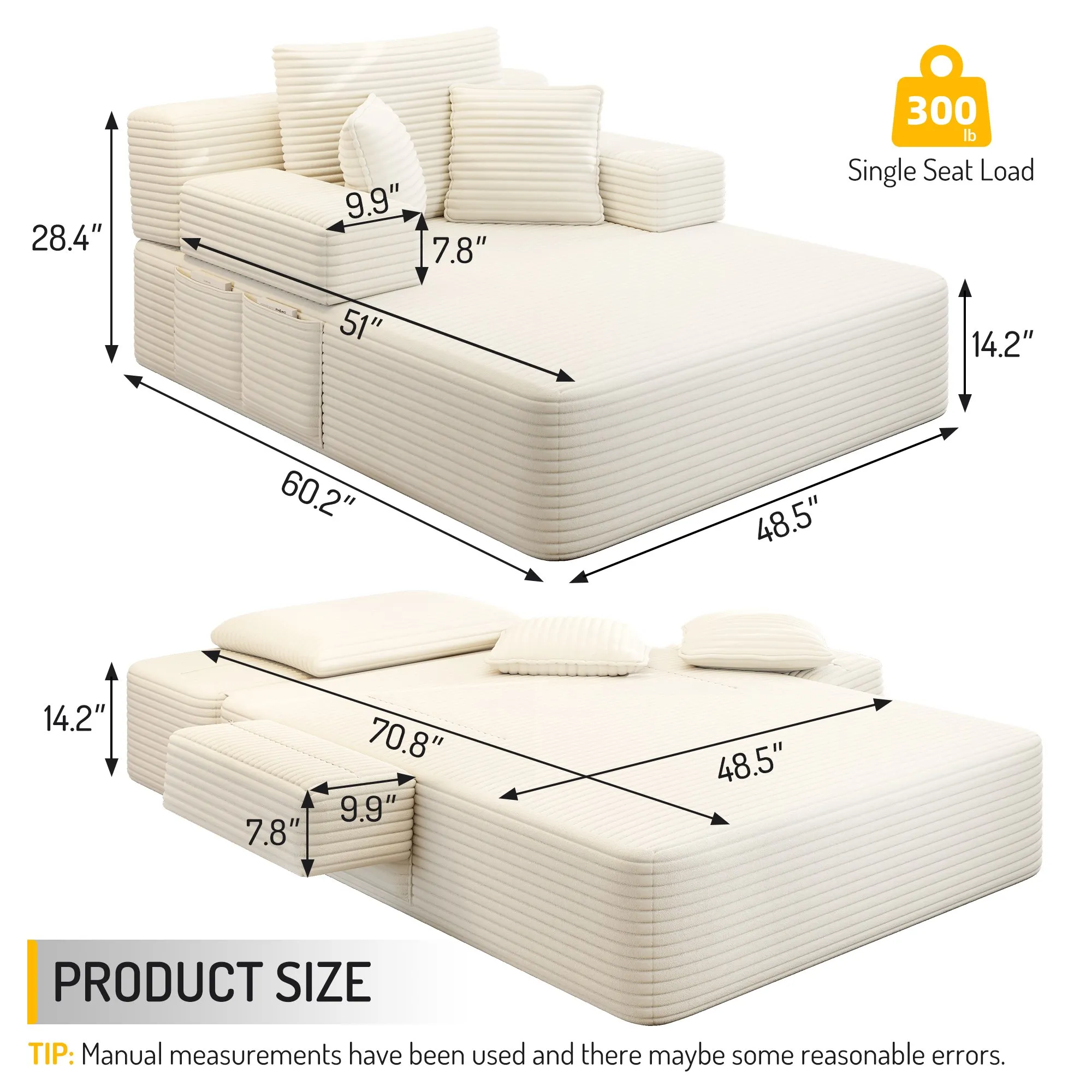 Oversized Plush Corduroy Chaise Lounge Sofa Bed, Convertible