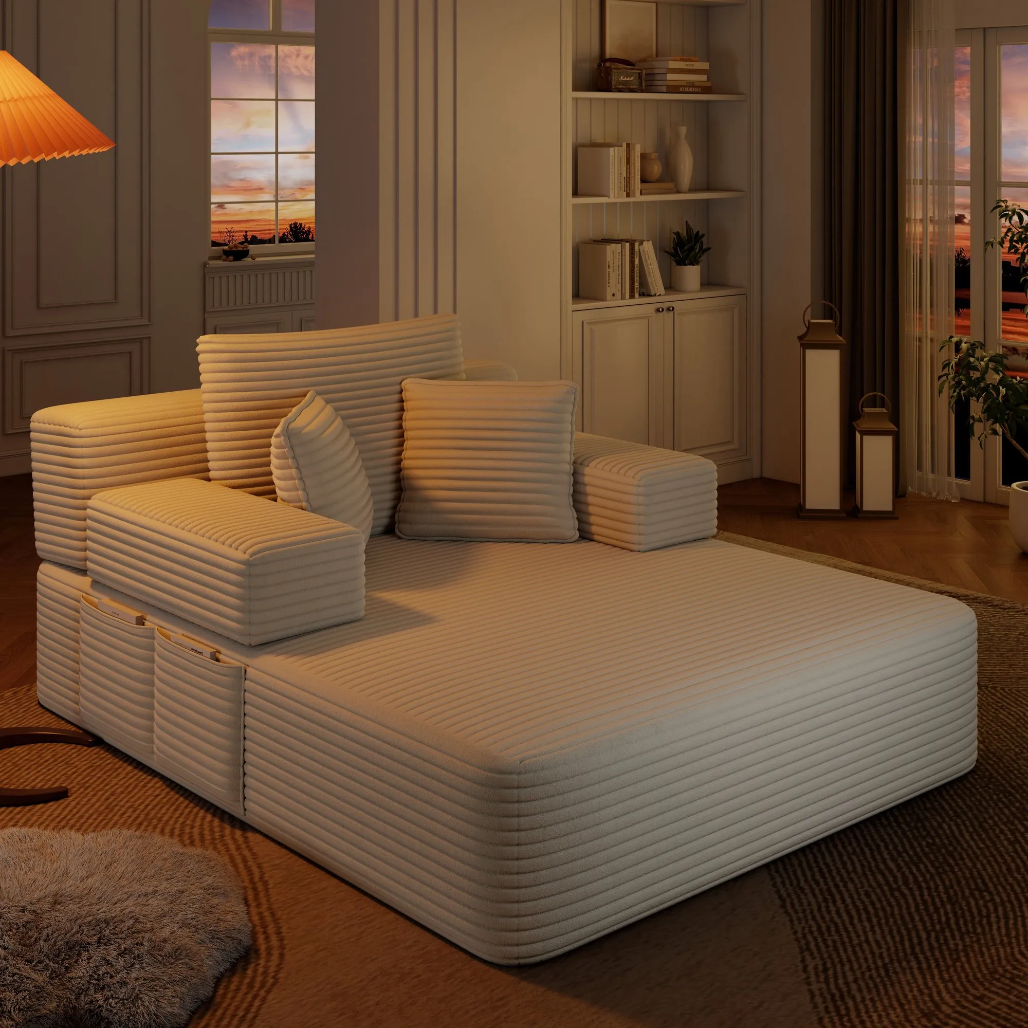 Oversized Plush Corduroy Chaise Lounge Sofa Bed, Convertible