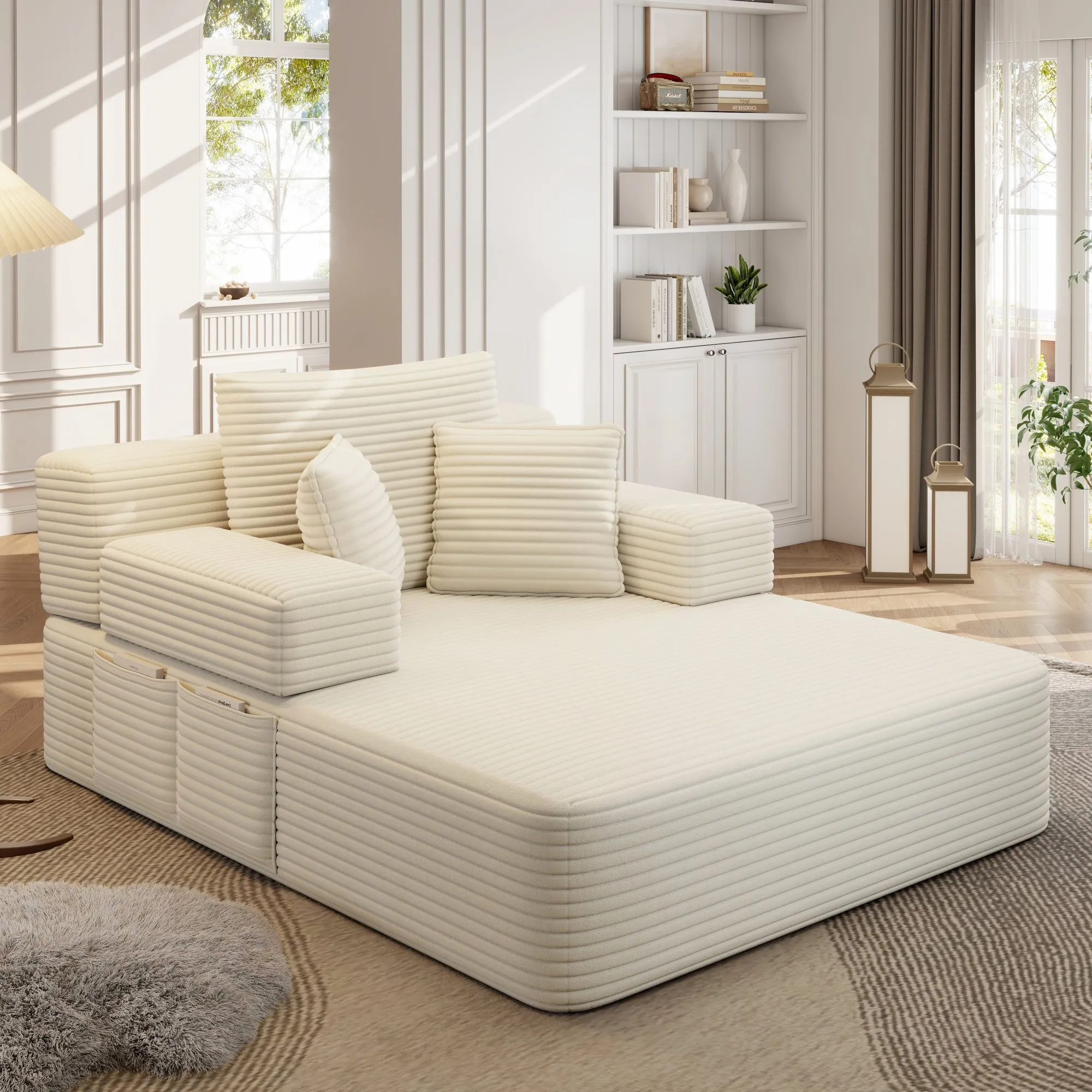 Oversized Plush Corduroy Chaise Lounge Sofa Bed, Convertible