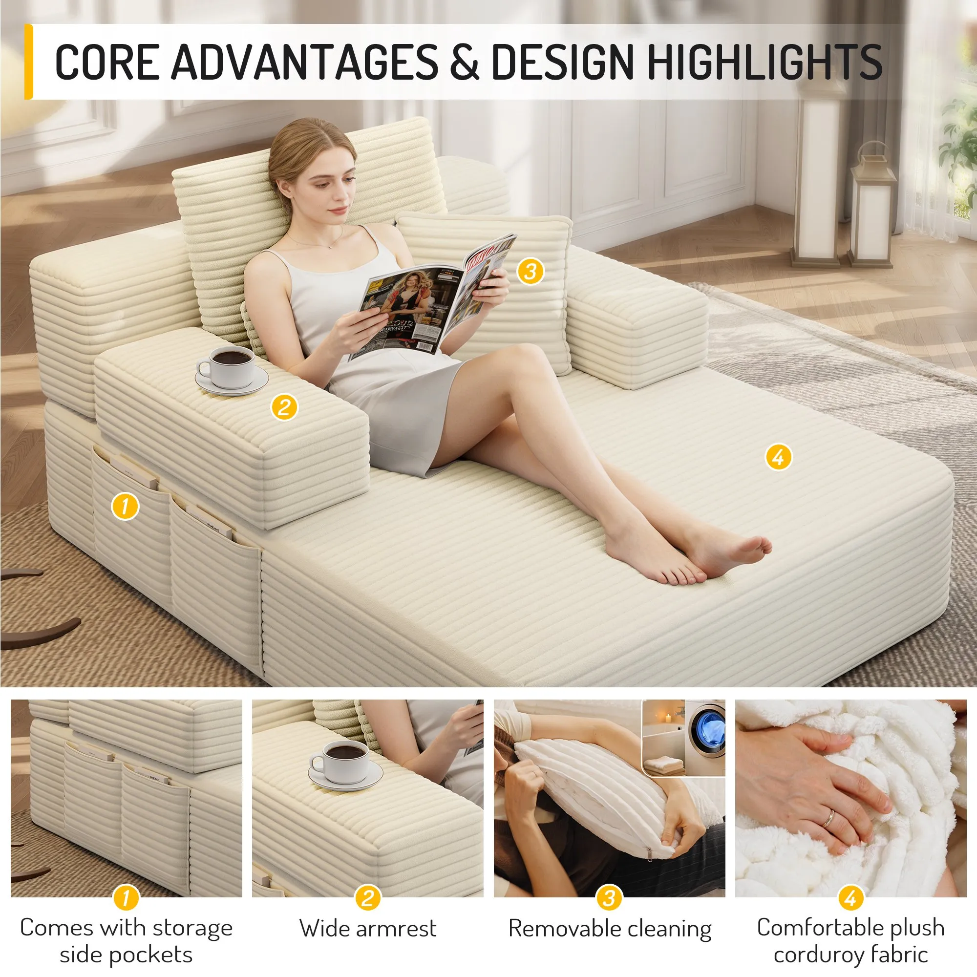 Oversized Plush Corduroy Chaise Lounge Sofa Bed, Convertible