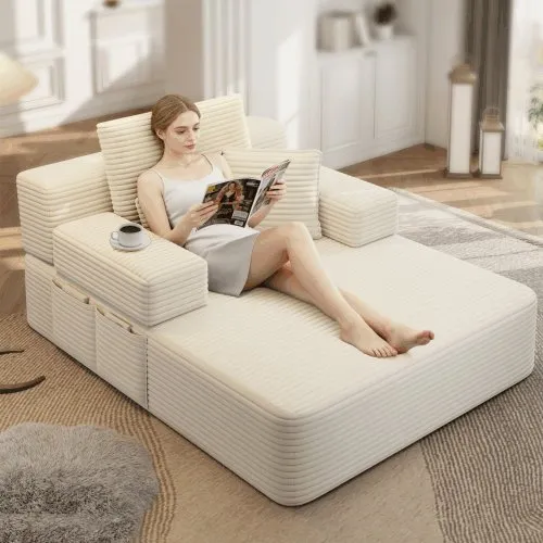 Oversized Plush Corduroy Chaise Lounge Sofa Bed, Convertible