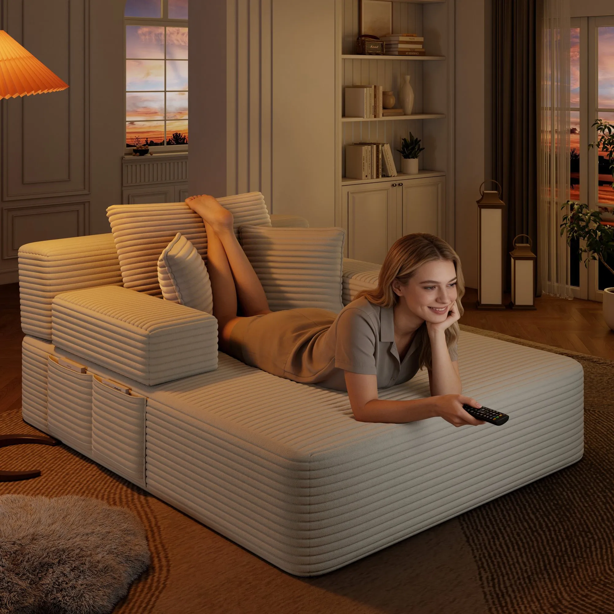 Oversized Plush Corduroy Chaise Lounge Sofa Bed, Convertible