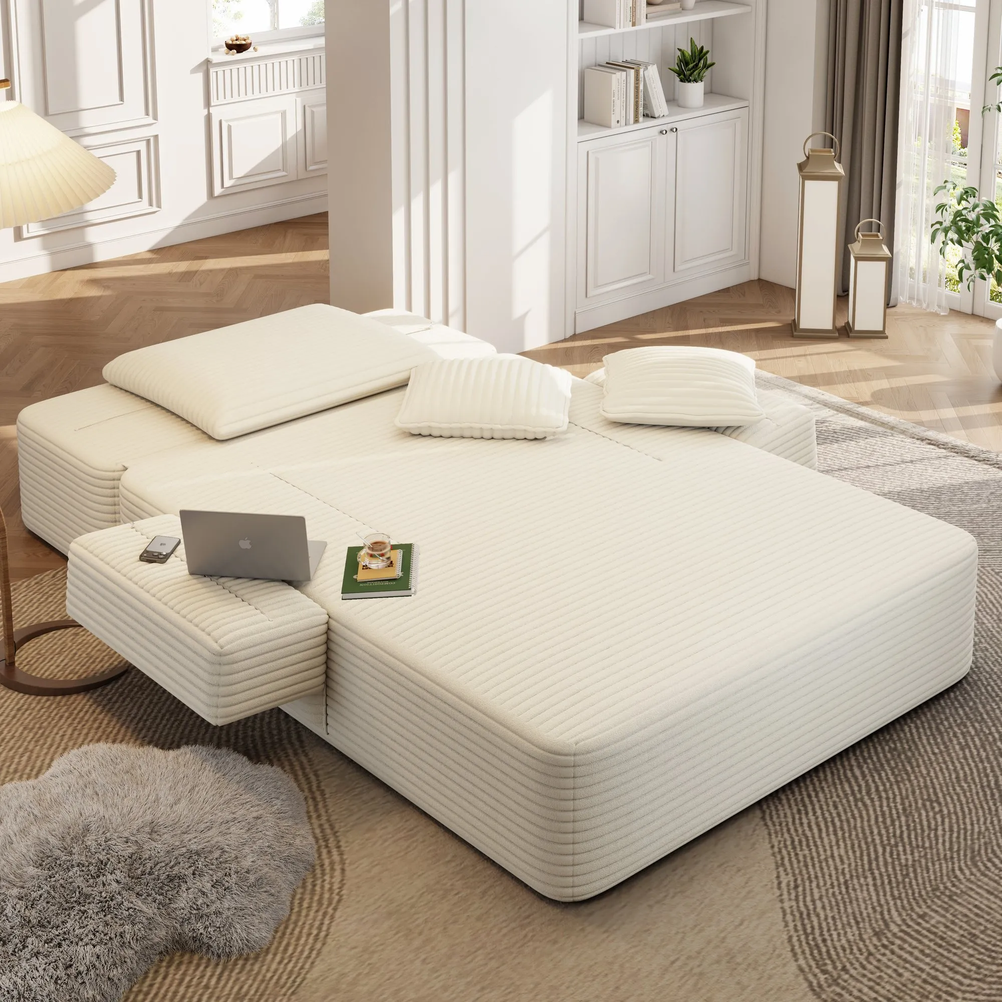 Oversized Plush Corduroy Chaise Lounge Sofa Bed, Convertible