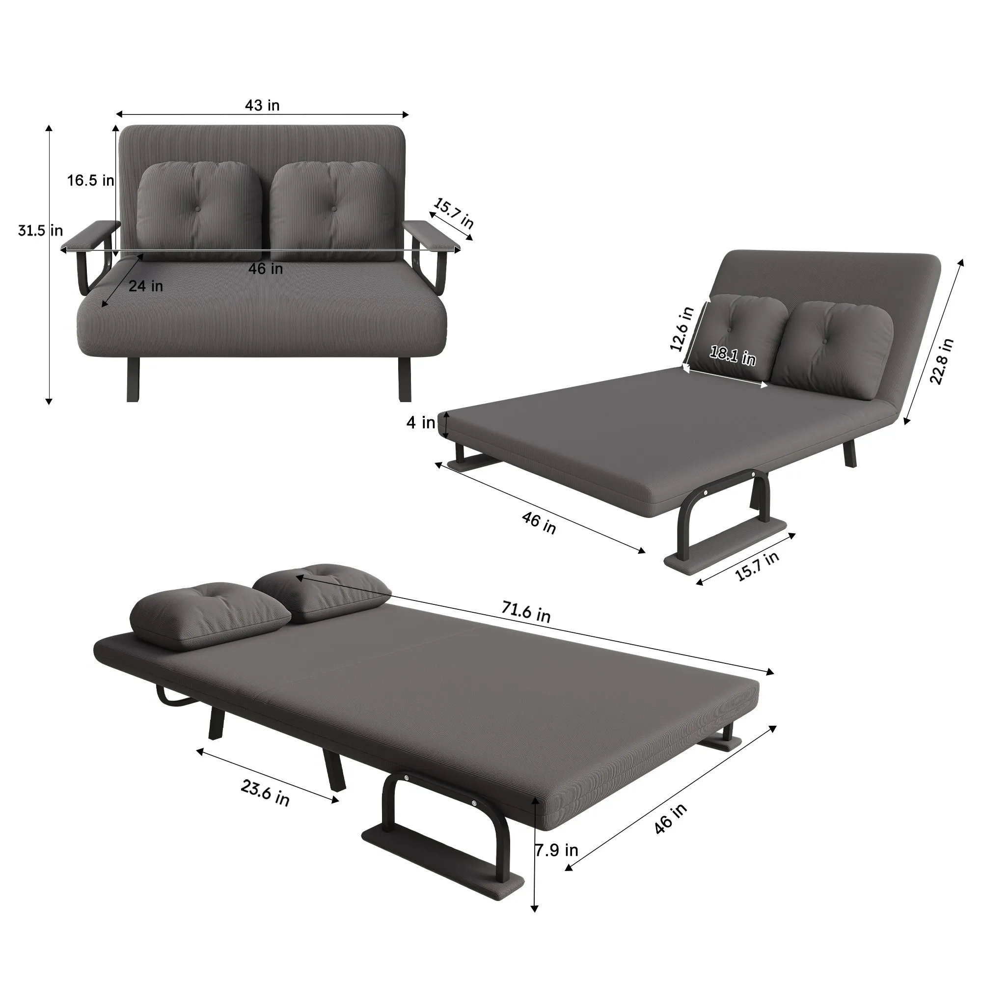 46-Inch Wide 5-in-1 Folding Sofa Bed Chair for Two