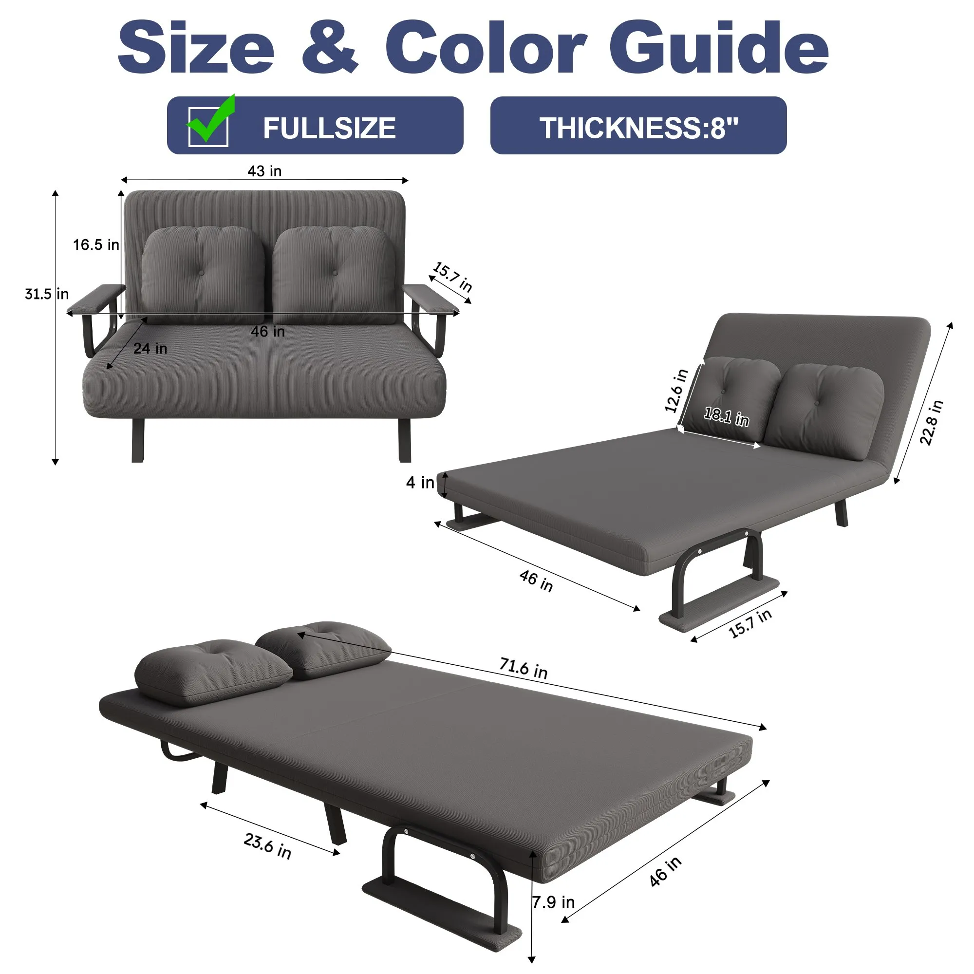 46-Inch Wide 5-in-1 Folding Sofa Bed Chair for Two