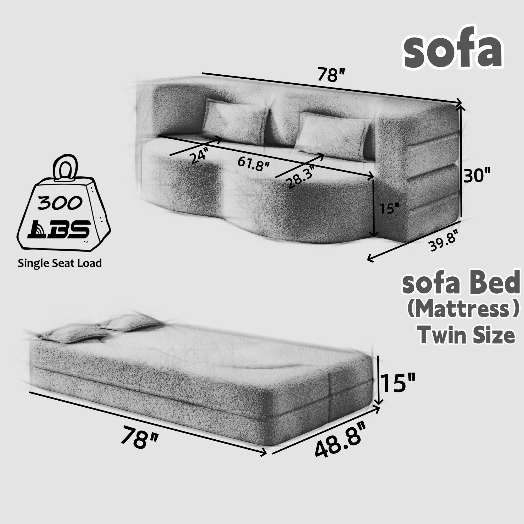 Convertible Sherpa Fleece Floor Sofa with 2 Pillows, Modern