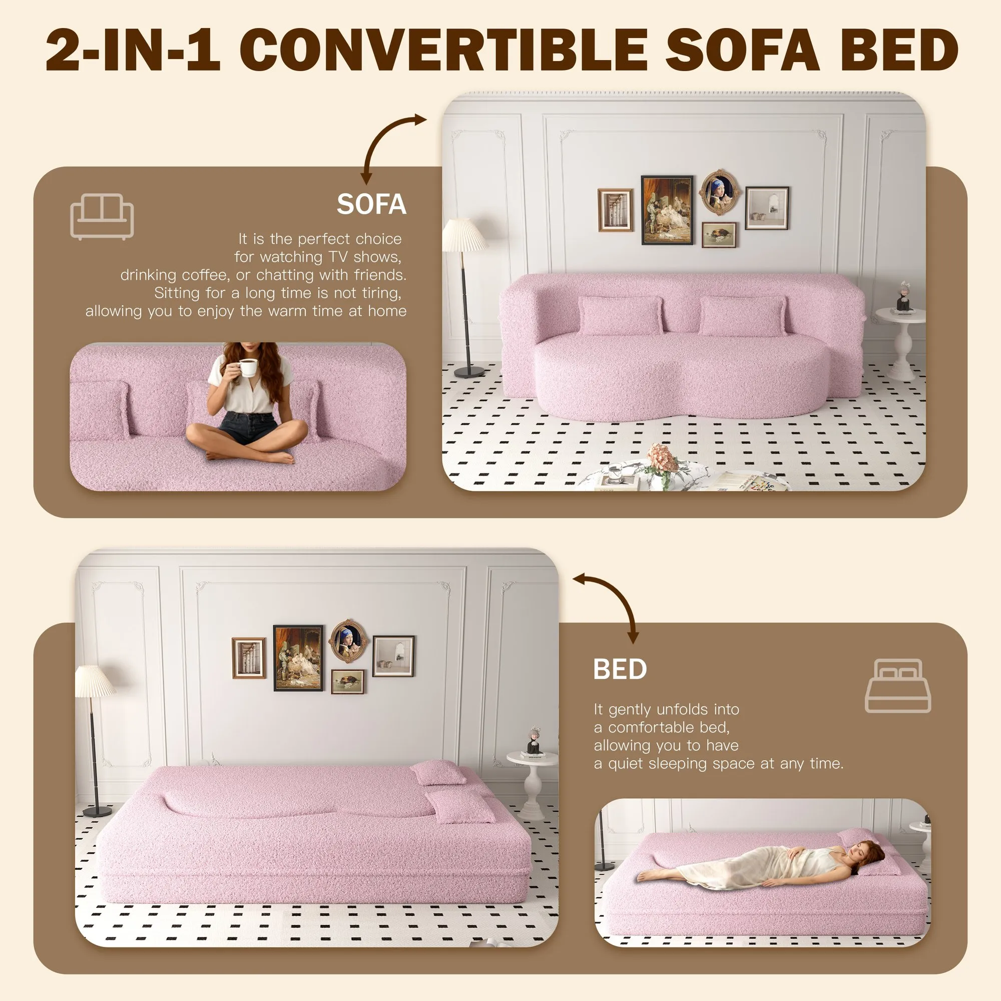 Convertible Sherpa Fleece Floor Sofa with 2 Pillows, Modern