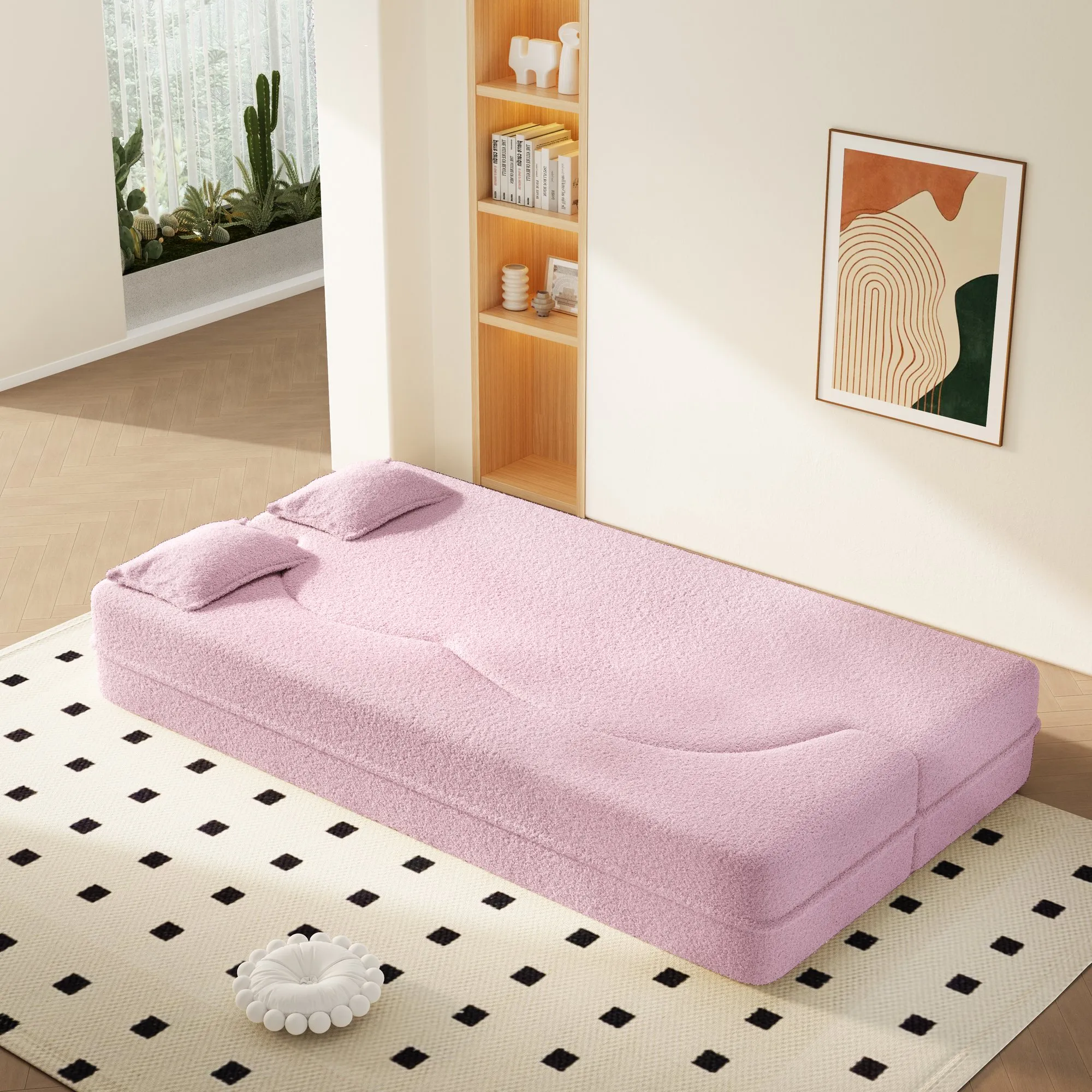 Convertible Sherpa Fleece Floor Sofa with 2 Pillows, Modern