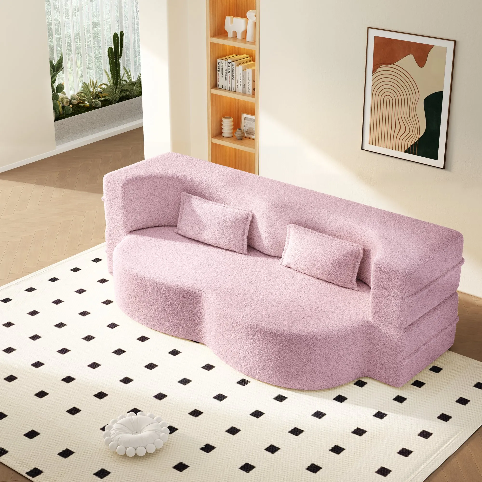 Convertible Sherpa Fleece Floor Sofa with 2 Pillows, Modern