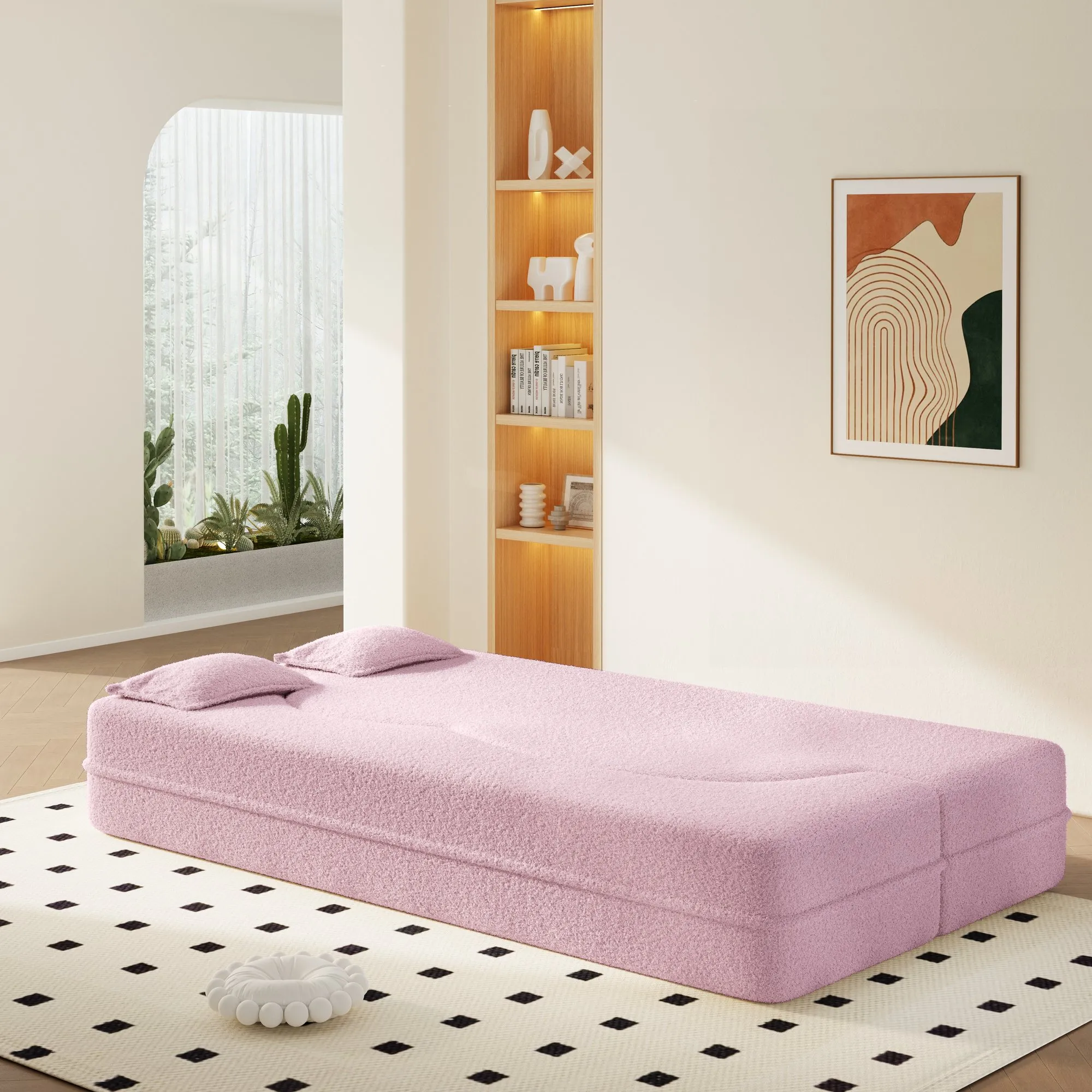 Convertible Sherpa Fleece Floor Sofa with 2 Pillows, Modern